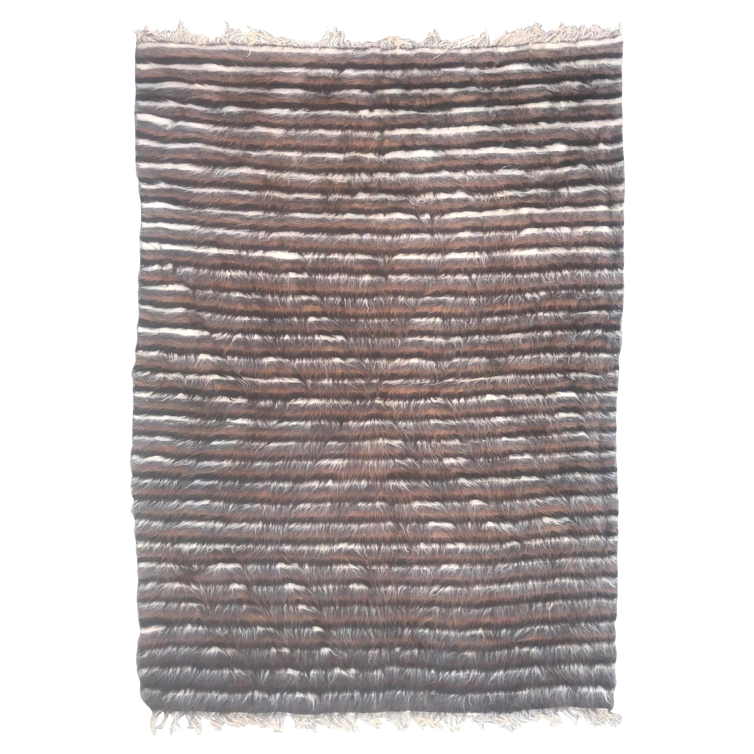 Bobyrug’s Mid-Century Modern Goat Hair Moroccan Rug with Stripes For Sale