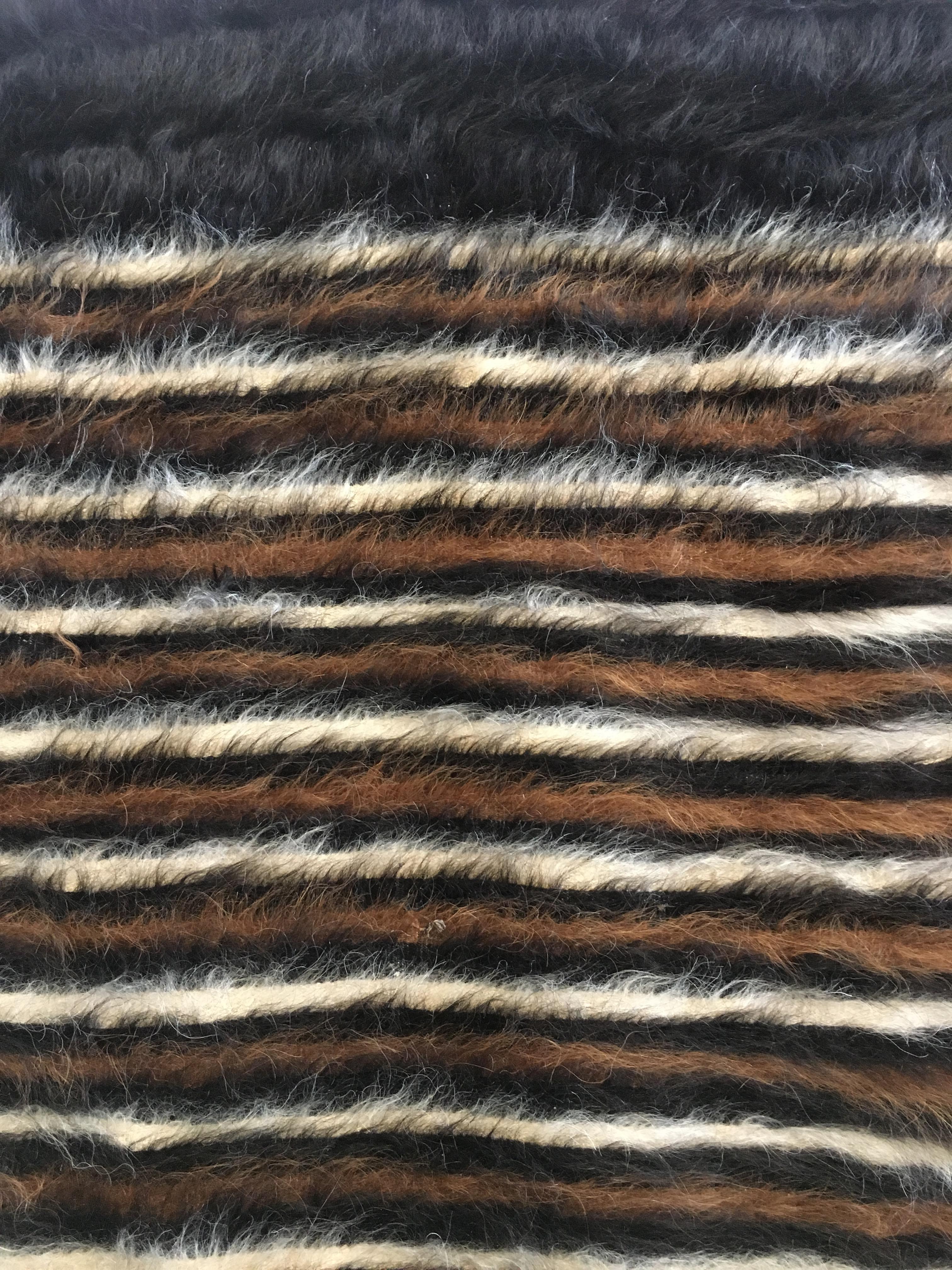 Turkish Mid-Century Modern Goat Hair Rug with Stripes ‘Narrow with Black Ends’ For Sale