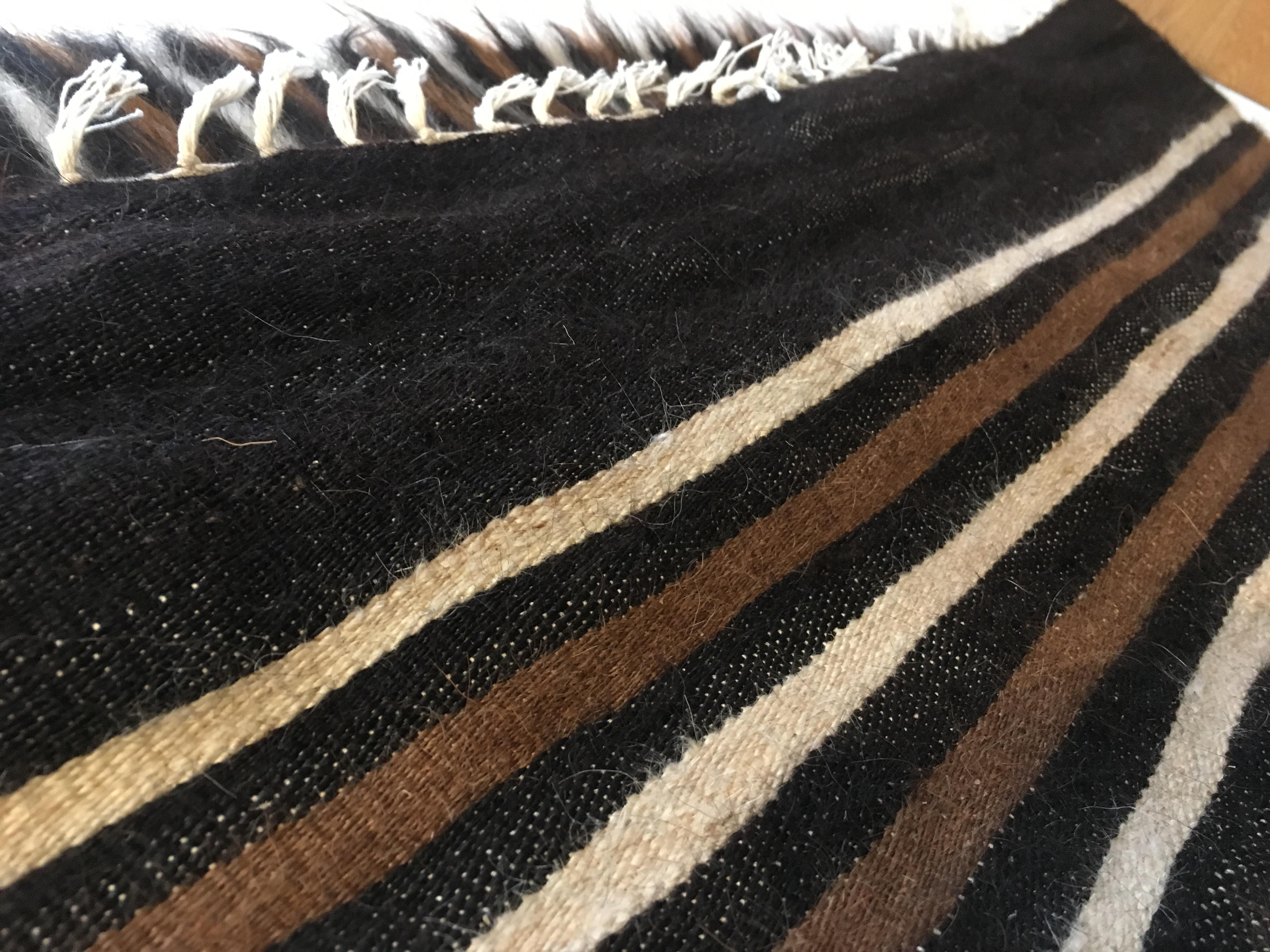 Mid-Century Modern Goat Hair Rug with Stripes ‘Narrow with Black Ends’ In Excellent Condition For Sale In Philadelphia, PA
