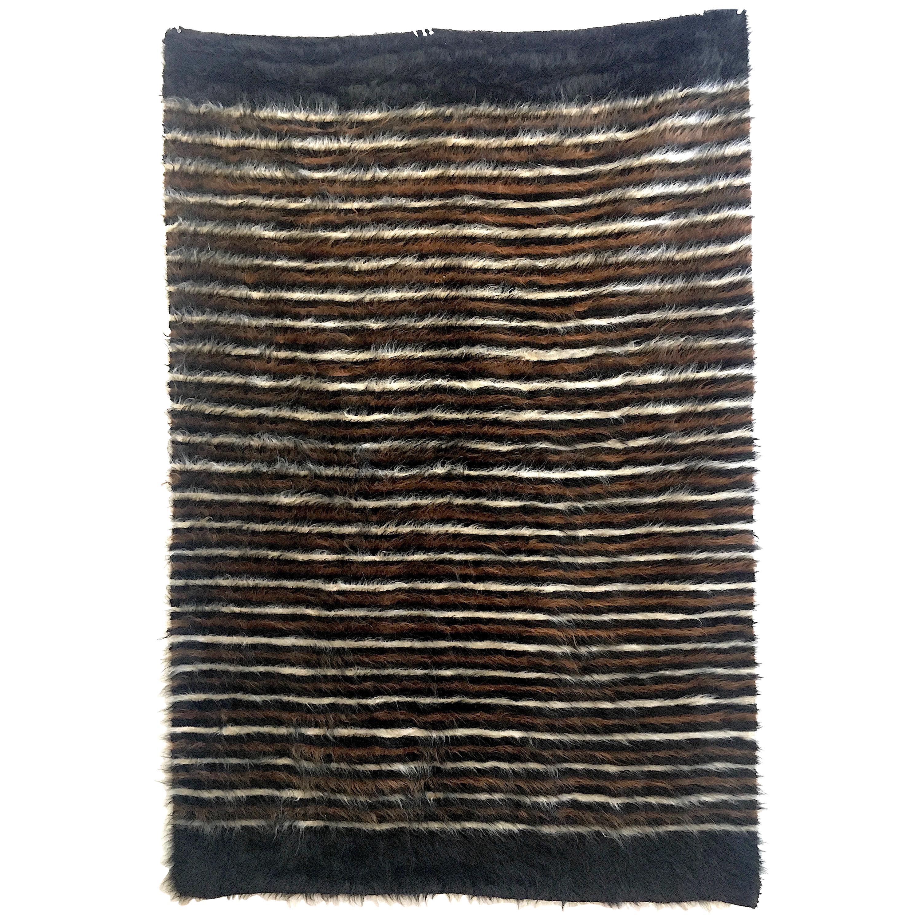 Mid-Century Modern Goat Hair Rug with Stripes ‘Narrow with Black Ends’ For Sale