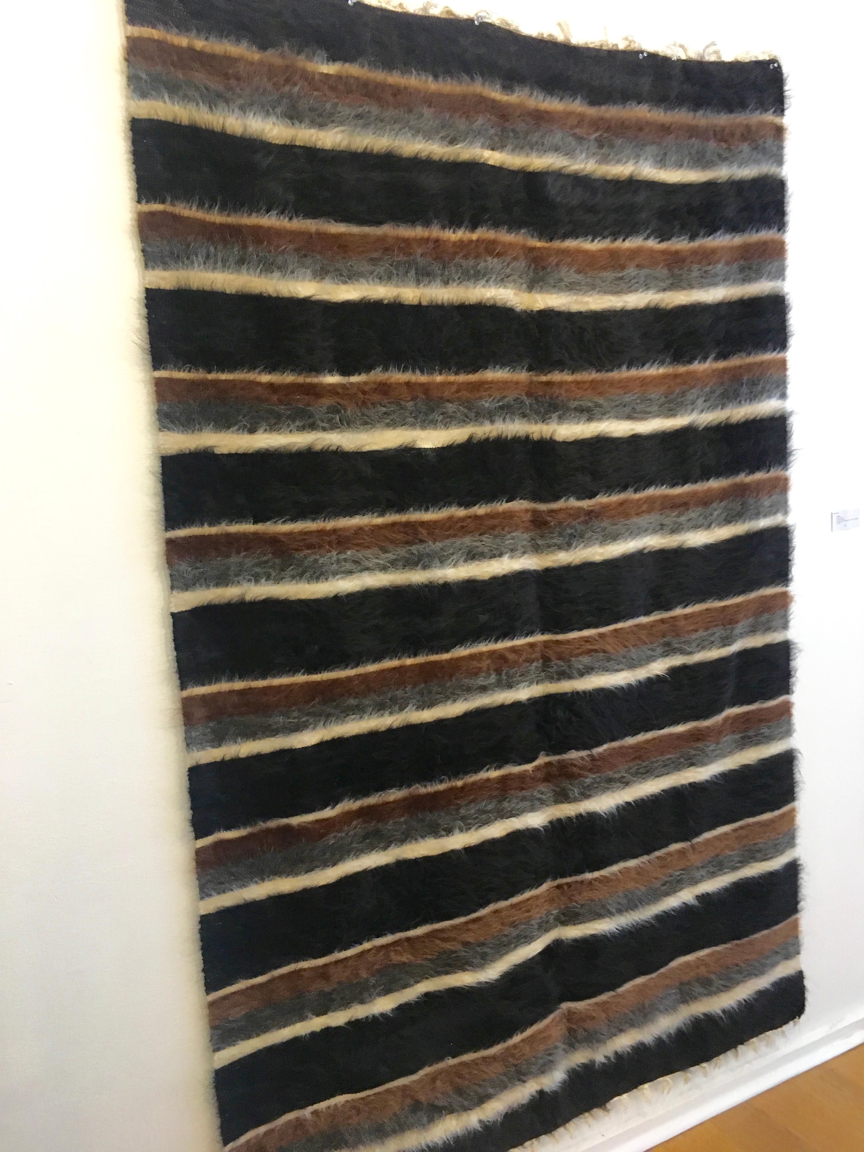 Turkish Soft Blanket Rug with Stripes. Natural Goat Hair Pile, Cotton Foundation. For Sale