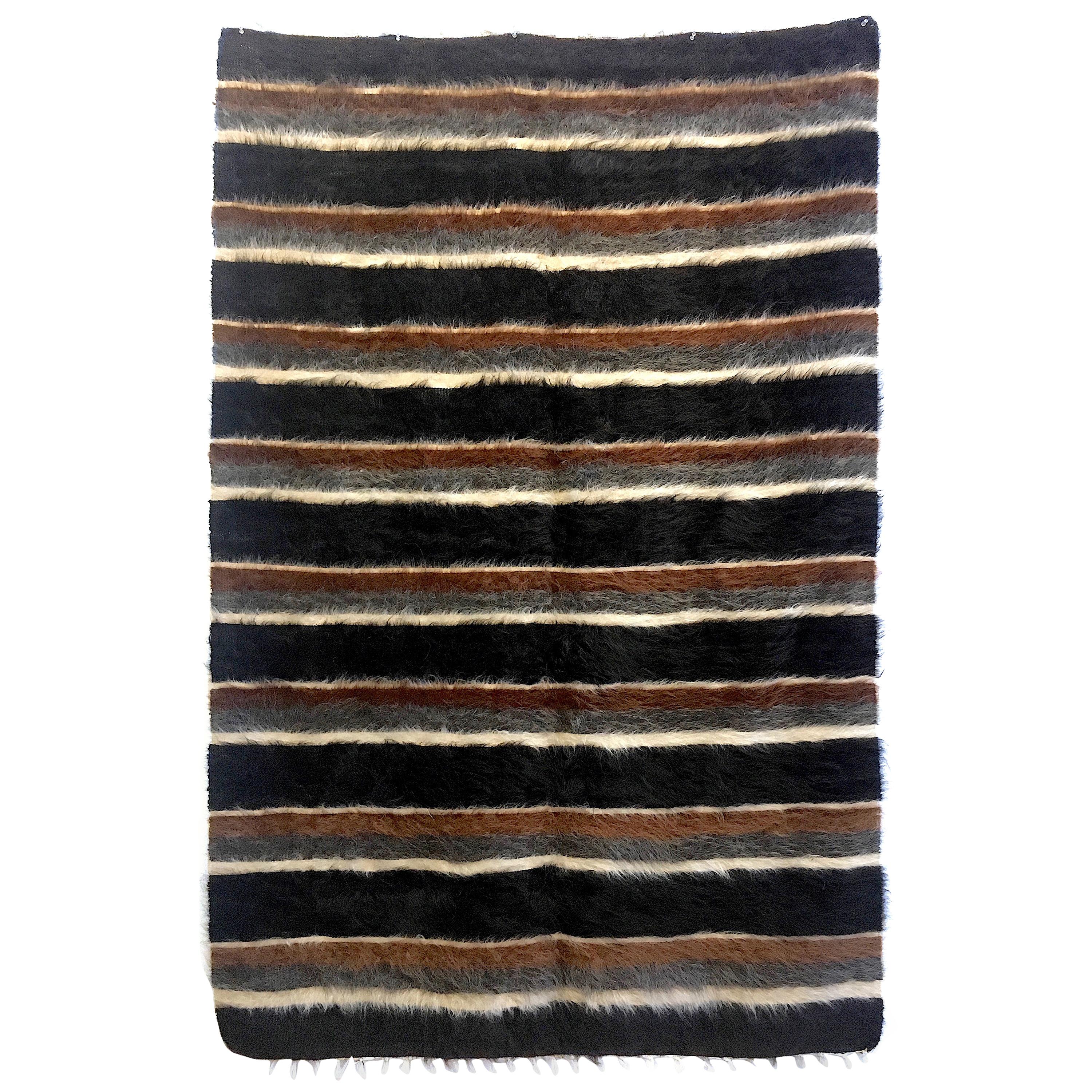 Soft Blanket Rug with Stripes. Natural Goat Hair Pile, Cotton Foundation. For Sale