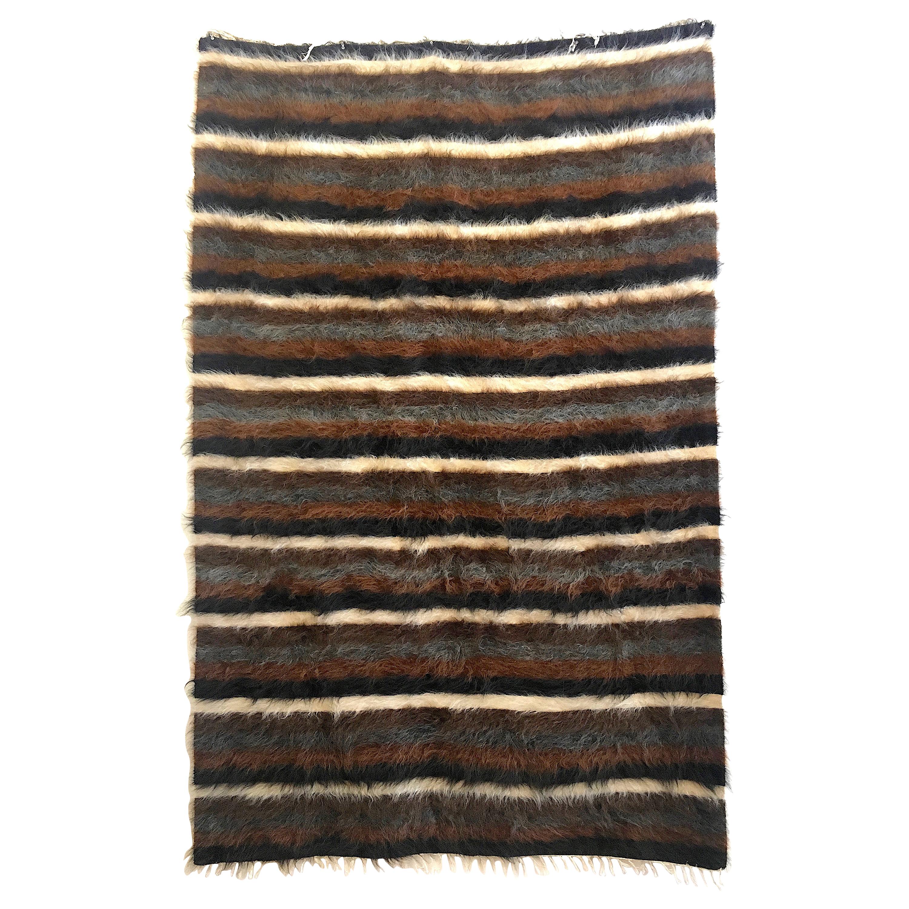 Soft Blanket like Rug with Stripes. Natural Goat Hair pile, Cotton Foundation.  For Sale