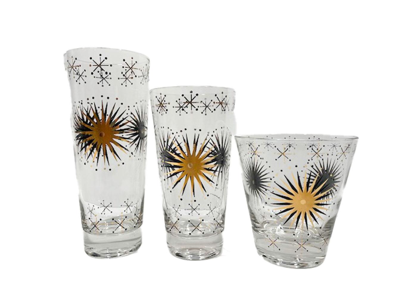 24 piece barware set (8 Double old fashioned, 8 highball and 8 Tom Collins) decorated on three sides with black enamel and 22k gold starburst designs.
8 - Double old fashioned: 4.25