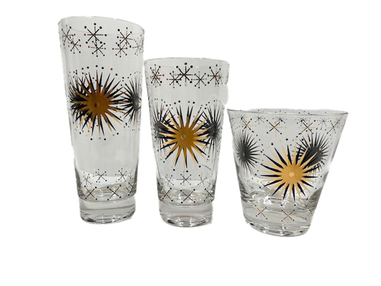 American Mid-Century Modern Gold and Black Atomic Starburst 24 Piece Barware Set