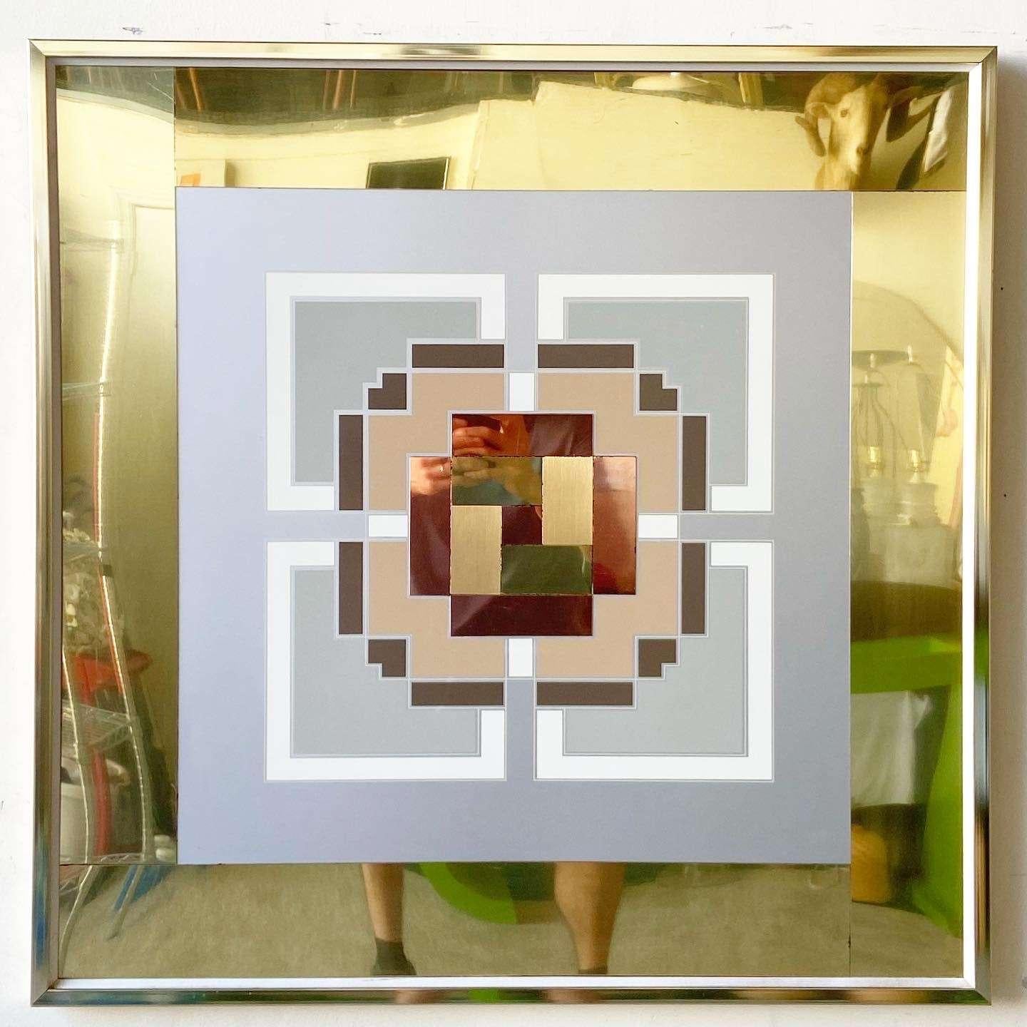 Exceptional mid century modern wall art by artist Greg Copeland. Features a fantastic display of squares and rectangles of gold, copper and silver tones.
