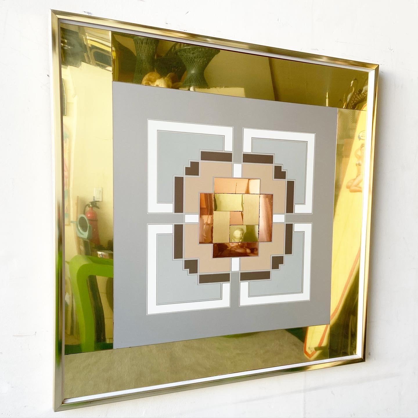 Exceptional Mid-Century Modern wall art by artist Greg Copeland. Features a fantastic display of squares and rectangles of gold, copper and silver tones.