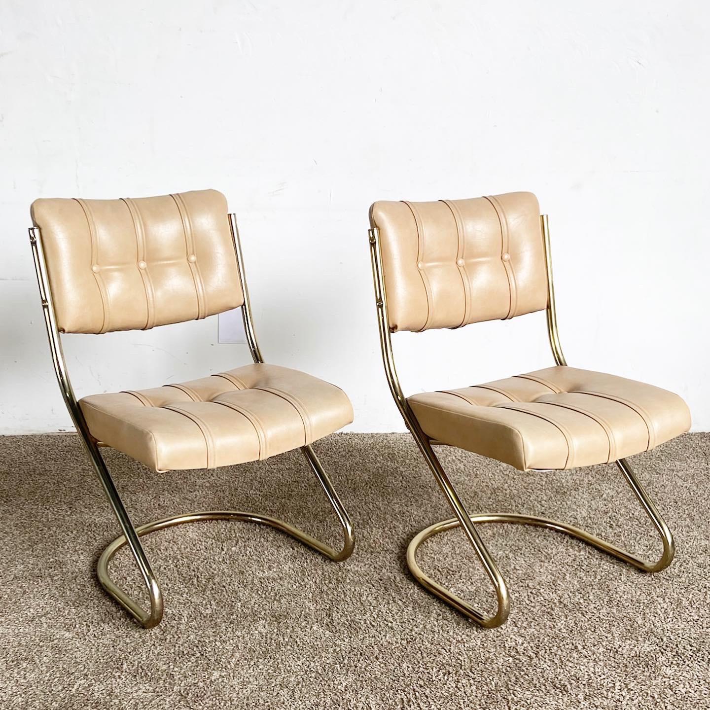 Mid-Century Modern Mid Century Modern Gold and Tan Tufted Cantilever Chairs by Chromcraft - a Pair For Sale