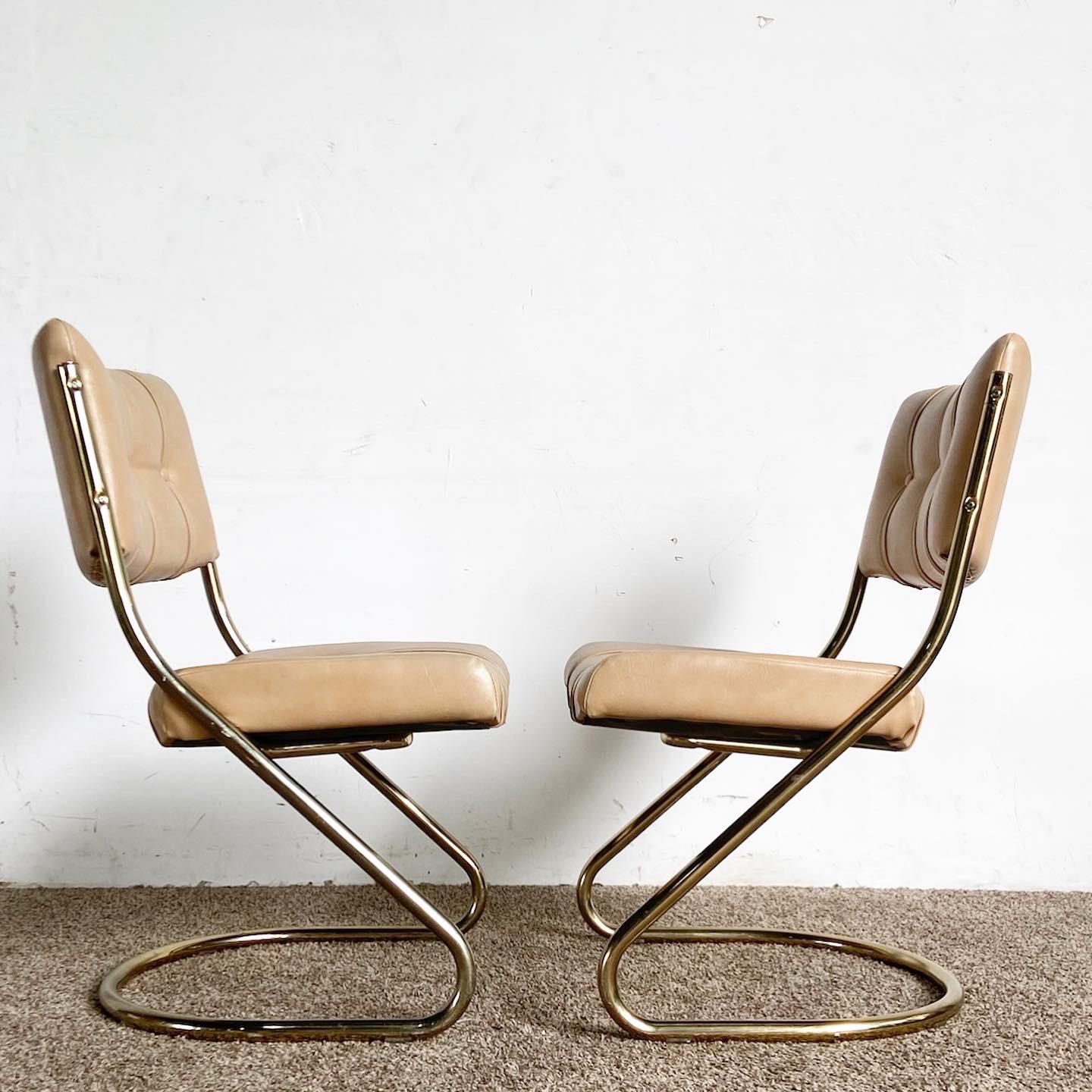 American Mid Century Modern Gold and Tan Tufted Cantilever Chairs by Chromcraft - a Pair For Sale