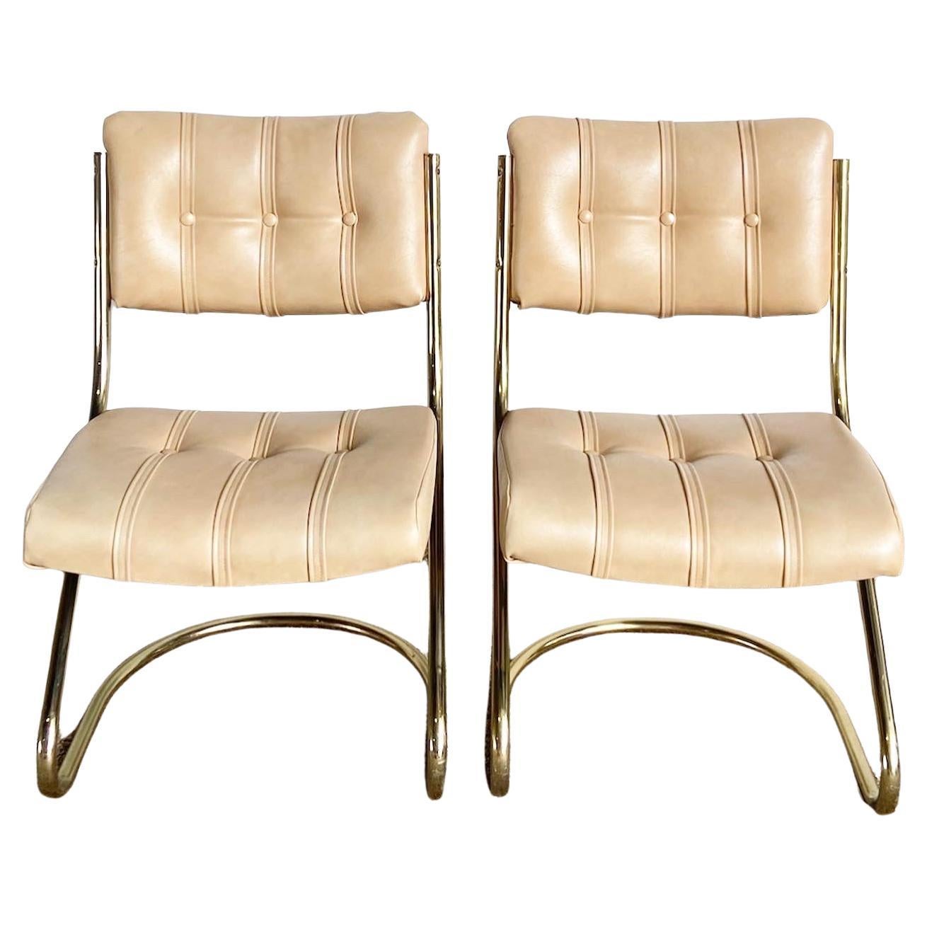 Mid Century Modern Gold and Tan Tufted Cantilever Chairs by Chromcraft - a Pair