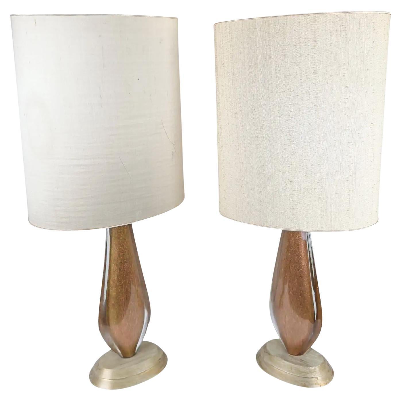 Mid Century Modern Gold Art Glass Table Lamp with Custom Shade, a Pair  For Sale