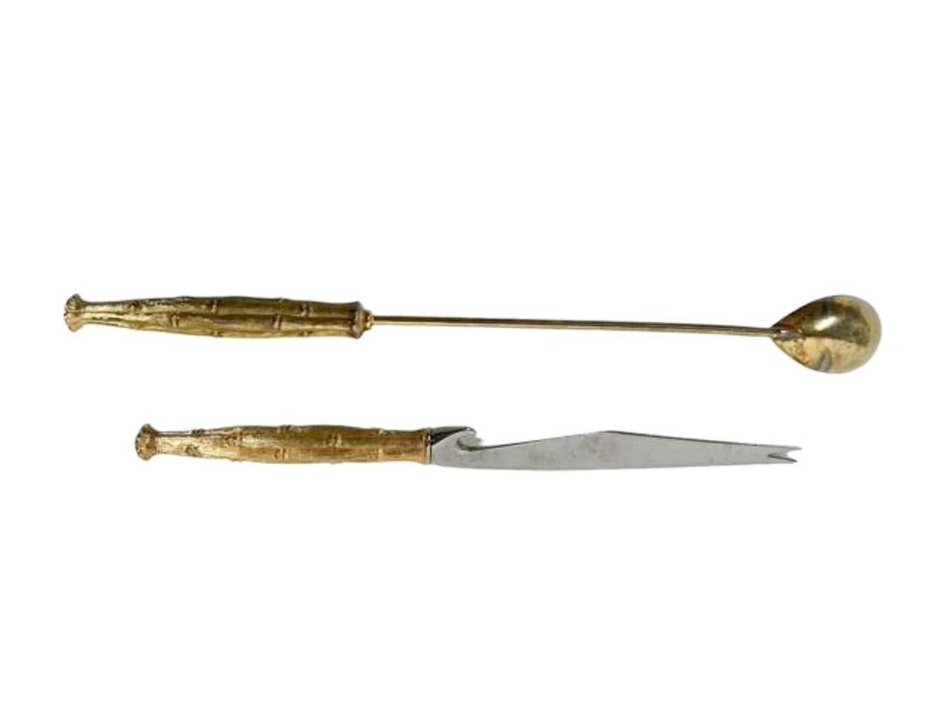 American Mid Century Modern Gold Bamboo Handled Bar Knife and Stir Spoon by Napier