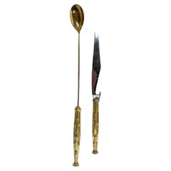Mid Century Modern Gold Bamboo Handled Bar Knife and Stir Spoon by Napier