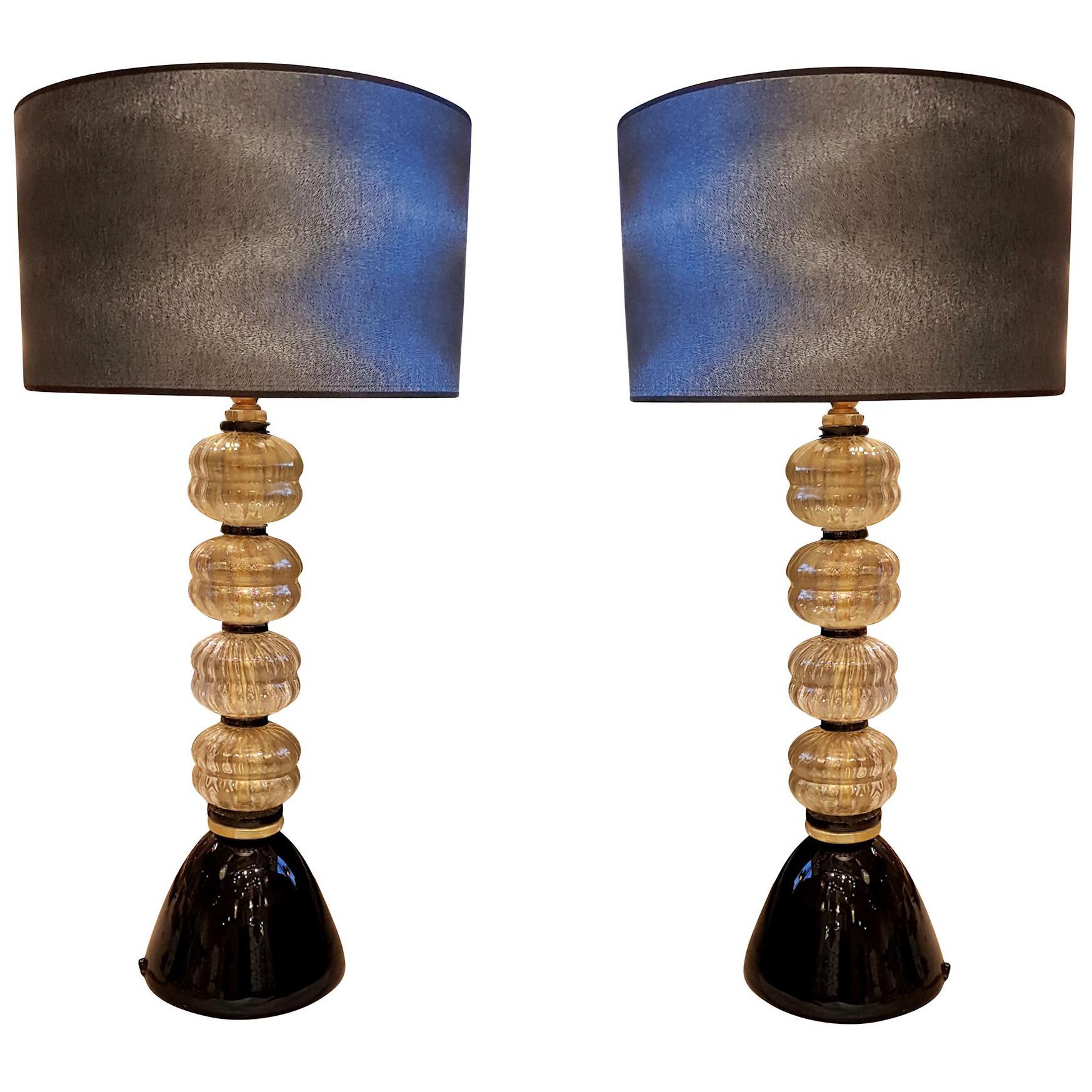 Pair of Mid-Century Modern Gold/Black Murano Glass table Lamps, Venini Style