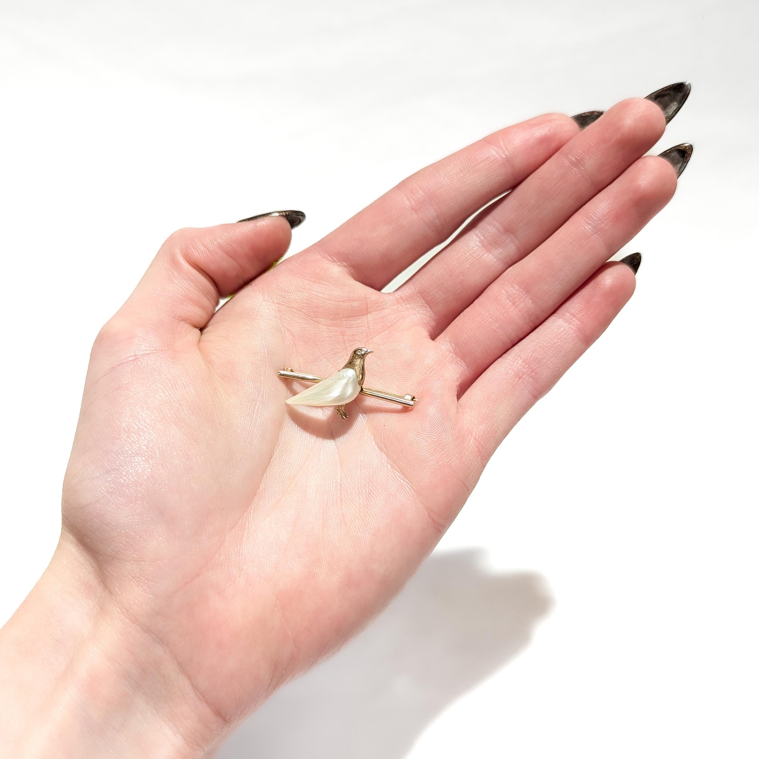 Mid-Century Modern Gold, Diamond, & Baroque Pearl Figural Dove Brooch or Bar Pin For Sale 6