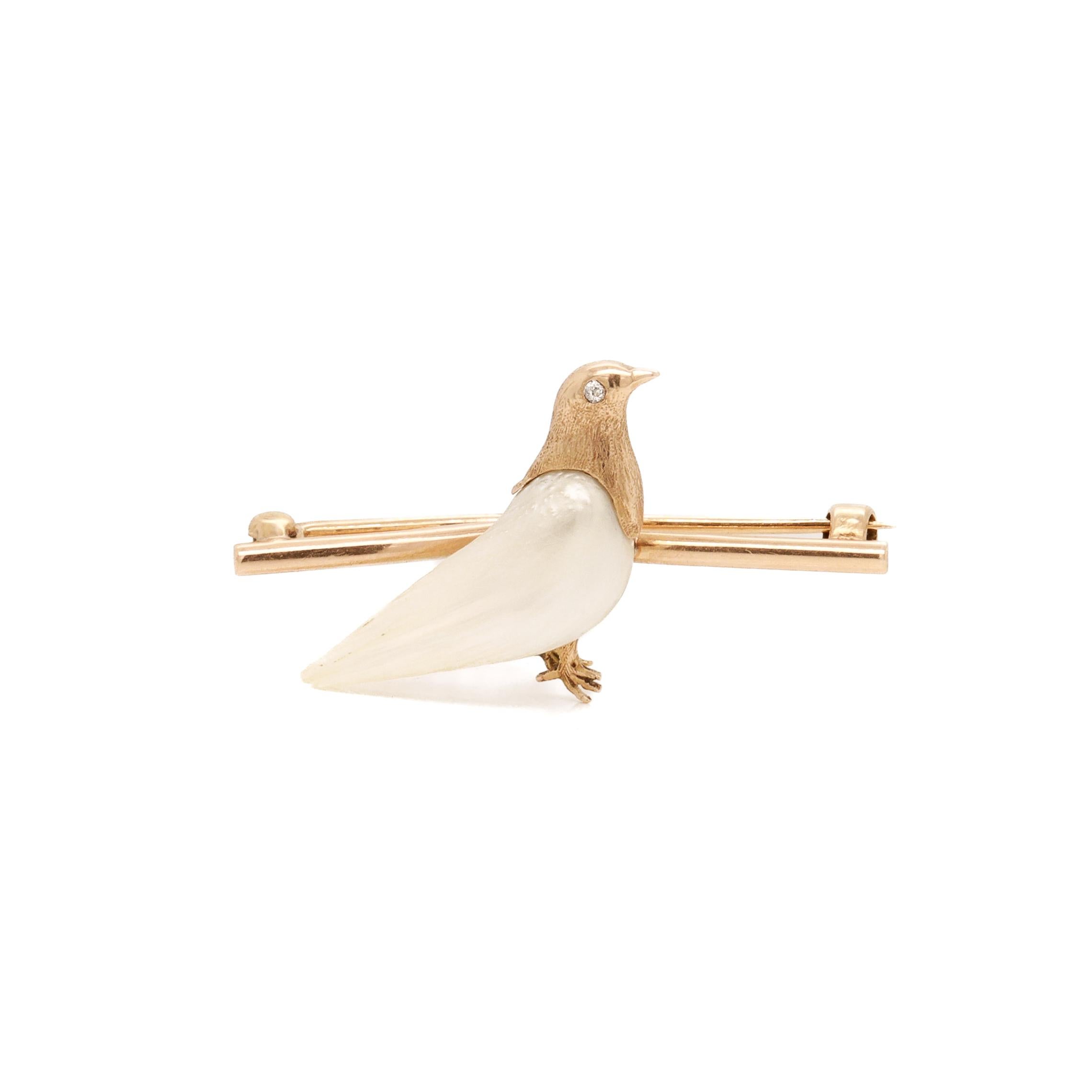 Mid-Century Modern Gold, Diamond, & Baroque Pearl Figural Dove Brooch or Bar Pin In Good Condition For Sale In Philadelphia, PA