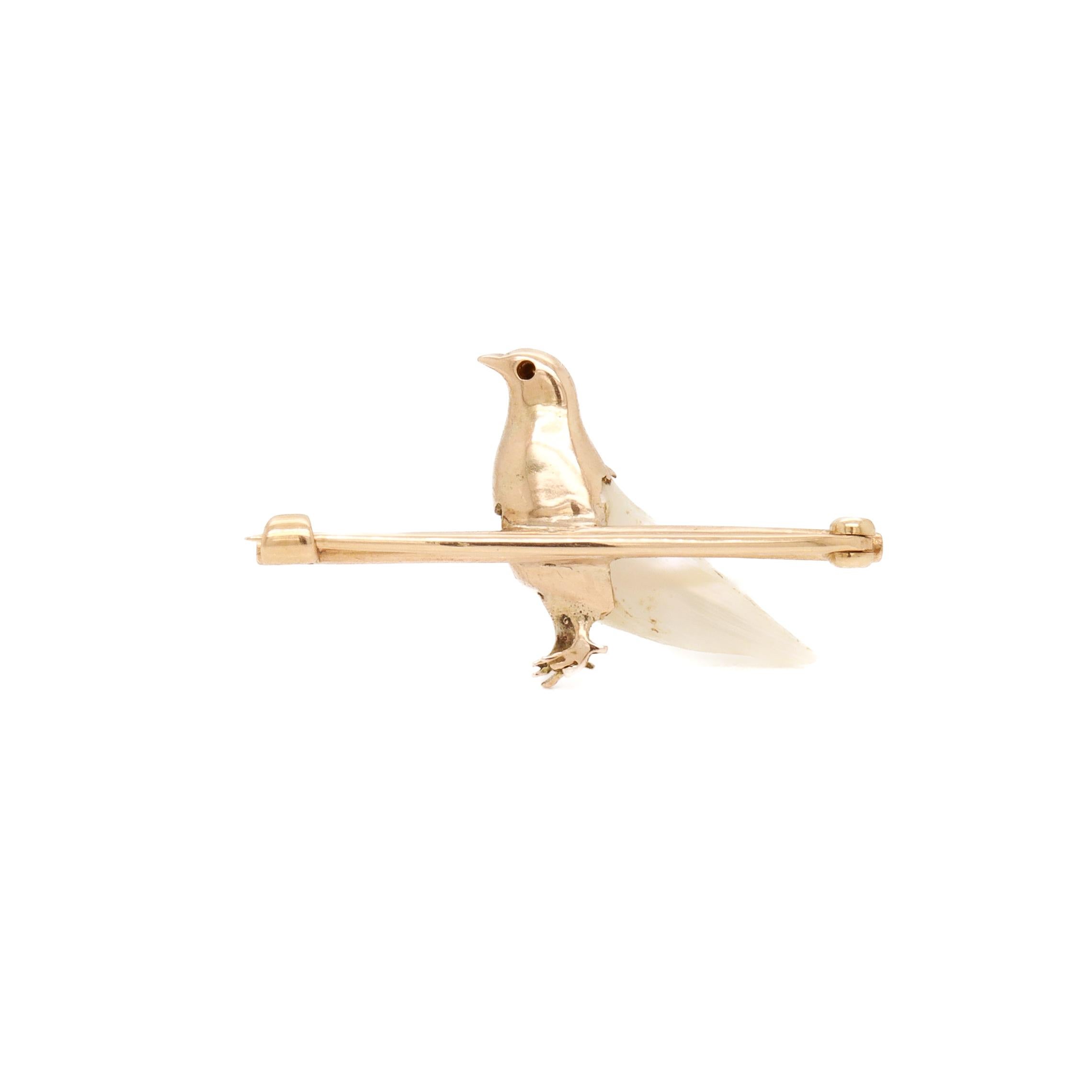 Women's or Men's Mid-Century Modern Gold, Diamond, & Baroque Pearl Figural Dove Brooch or Bar Pin For Sale