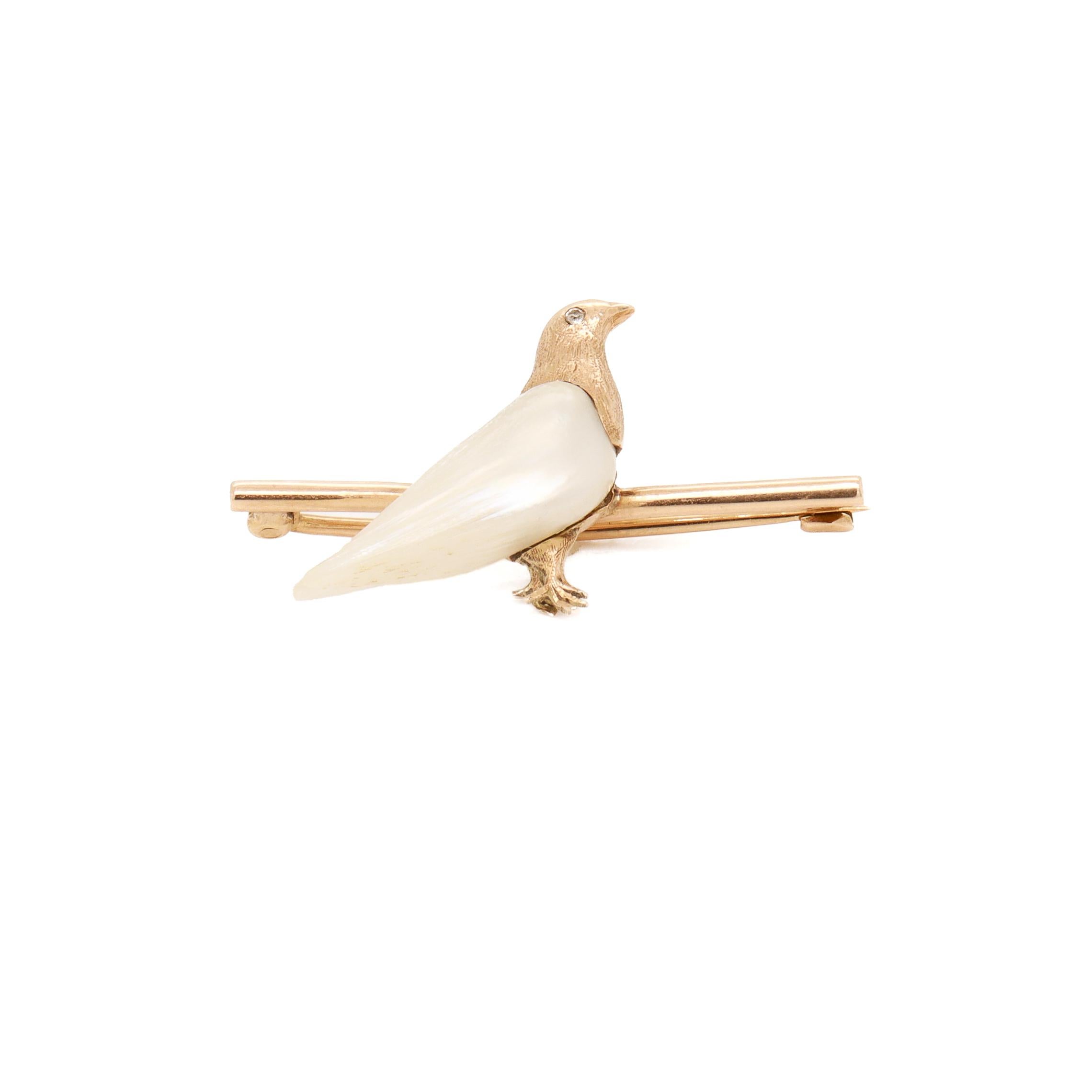 Mid-Century Modern Gold, Diamond, & Baroque Pearl Figural Dove Brooch or Bar Pin For Sale 1