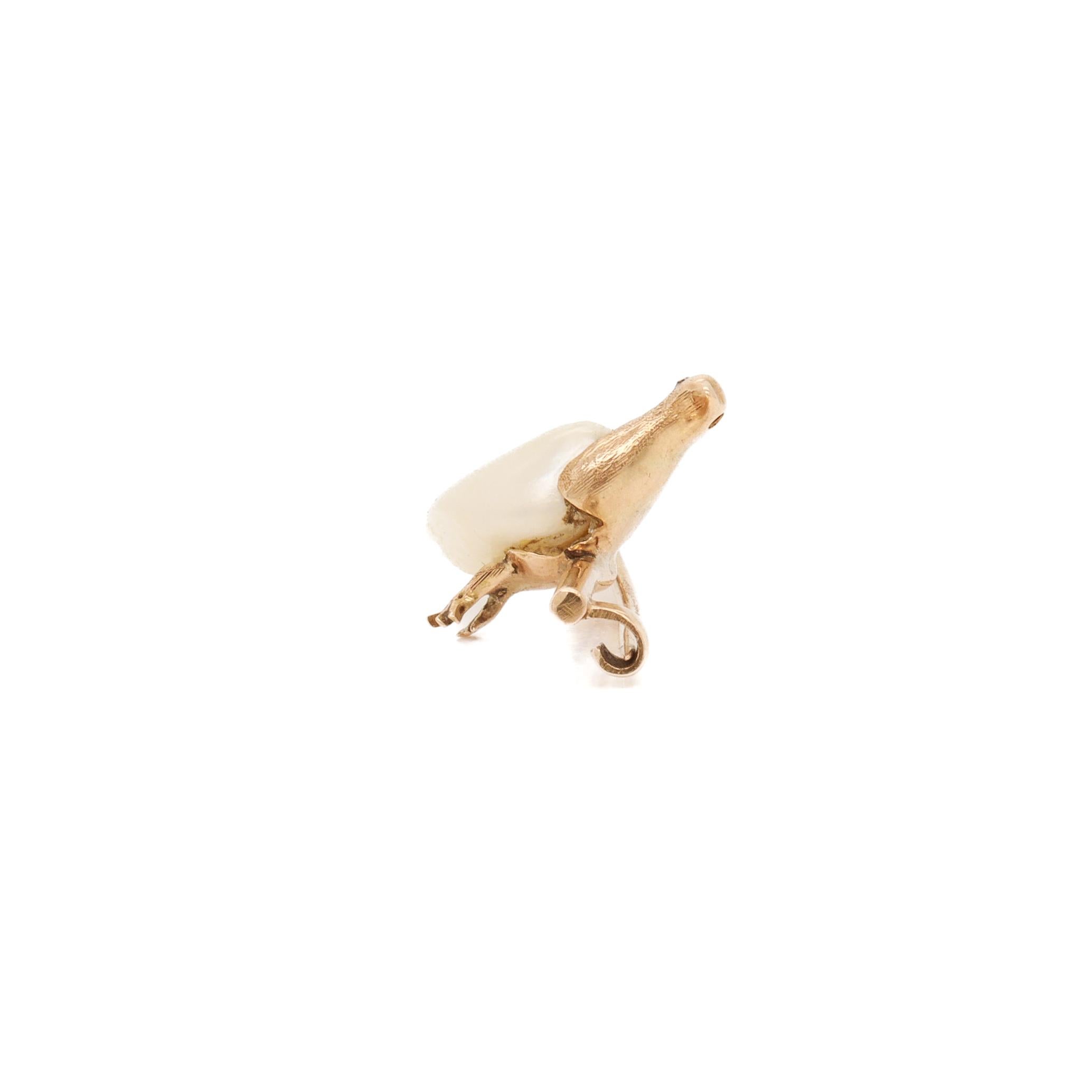Mid-Century Modern Gold, Diamond, & Baroque Pearl Figural Dove Brooch or Bar Pin For Sale 2