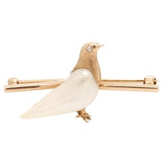 Mid-Century Modern Gold, Diamond, & Baroque Pearl Figural Dove Brooch or Bar Pin