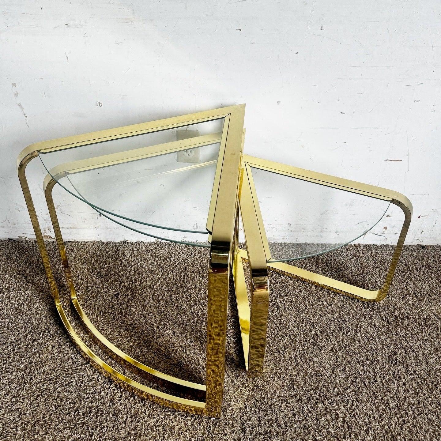 Discover the Mid-Century Gold Fan Nesting Table, a three-tiered set with elegant gold finish, perfect for enhancing your mid-century modern decor.
 
 Some pitting to the gold as shown in the photos.
 
 We sell items as acquired, without restoring or