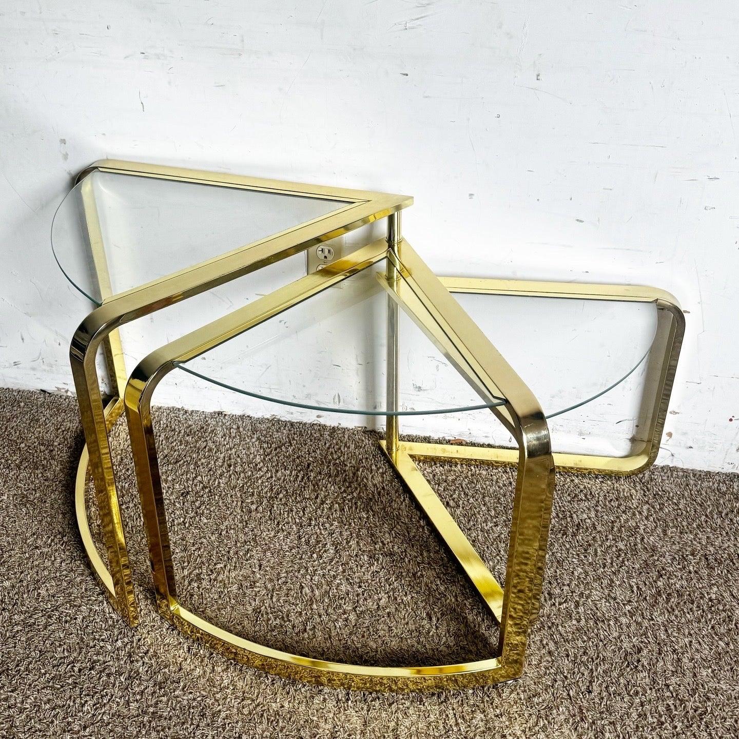American Mid Century Modern Gold Fan Coffee Nesting Table - Three Tier For Sale