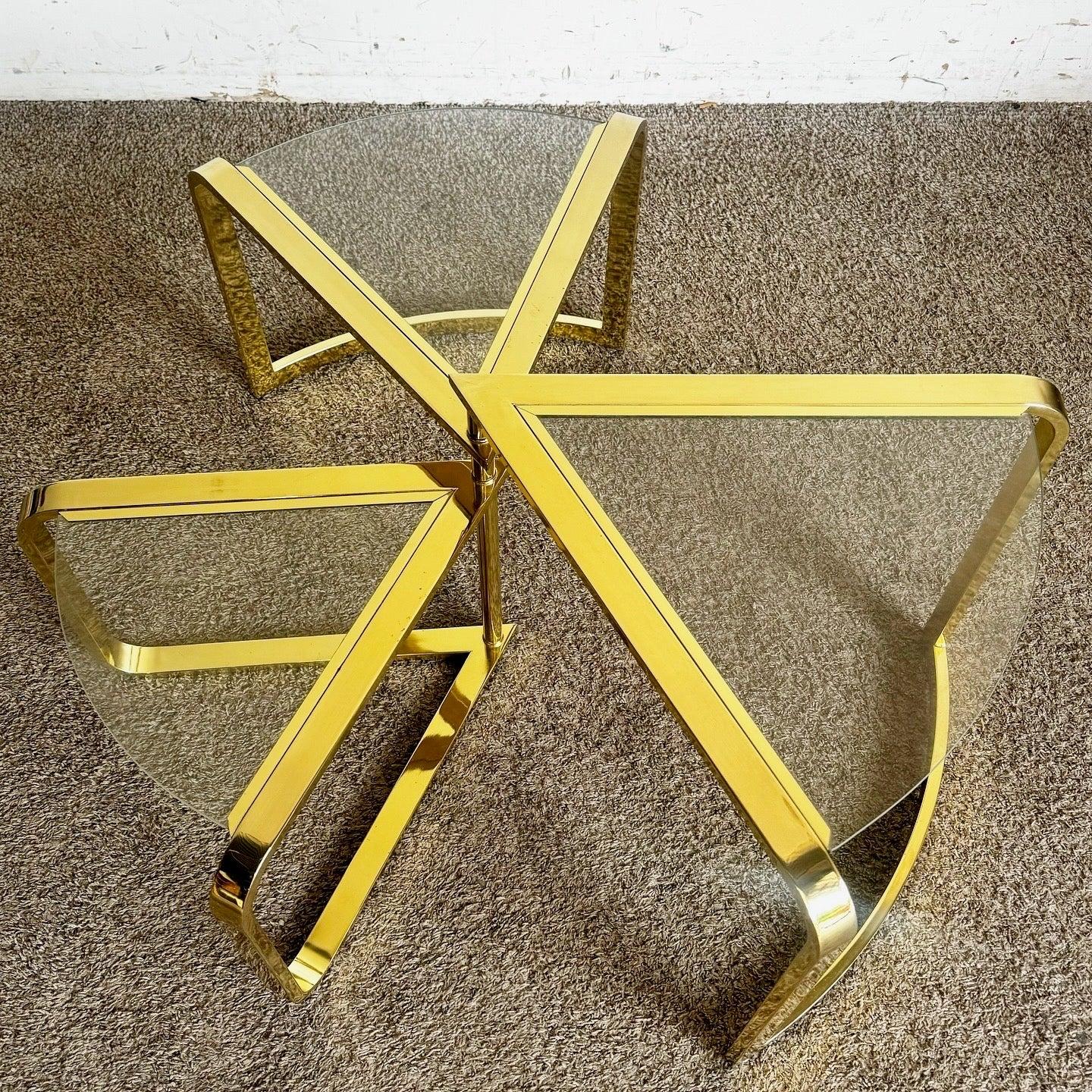 Glass Mid Century Modern Gold Fan Coffee Nesting Table - Three Tier For Sale