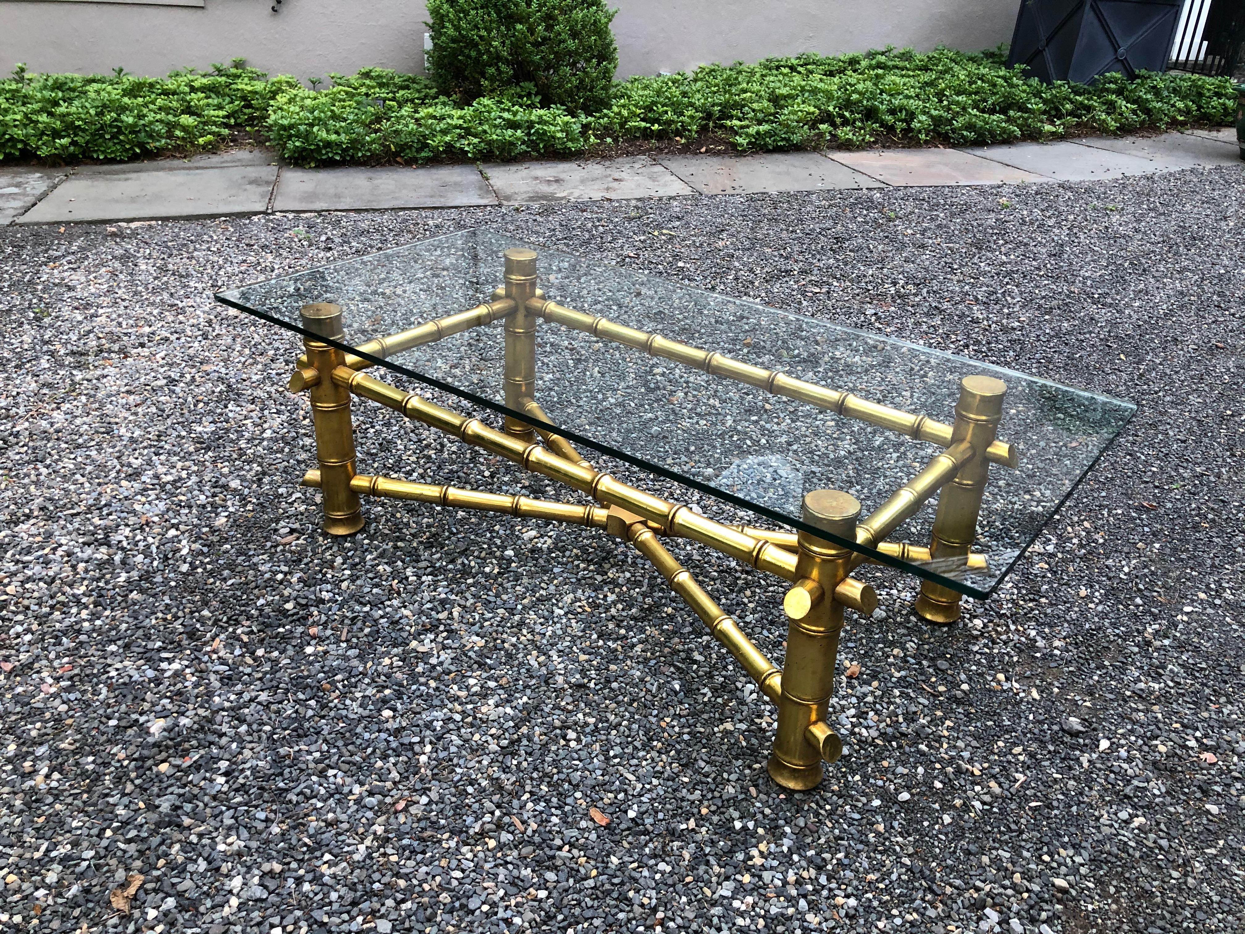 American Mid-Century Modern Gold Faux Bamboo Coffee Table For Sale