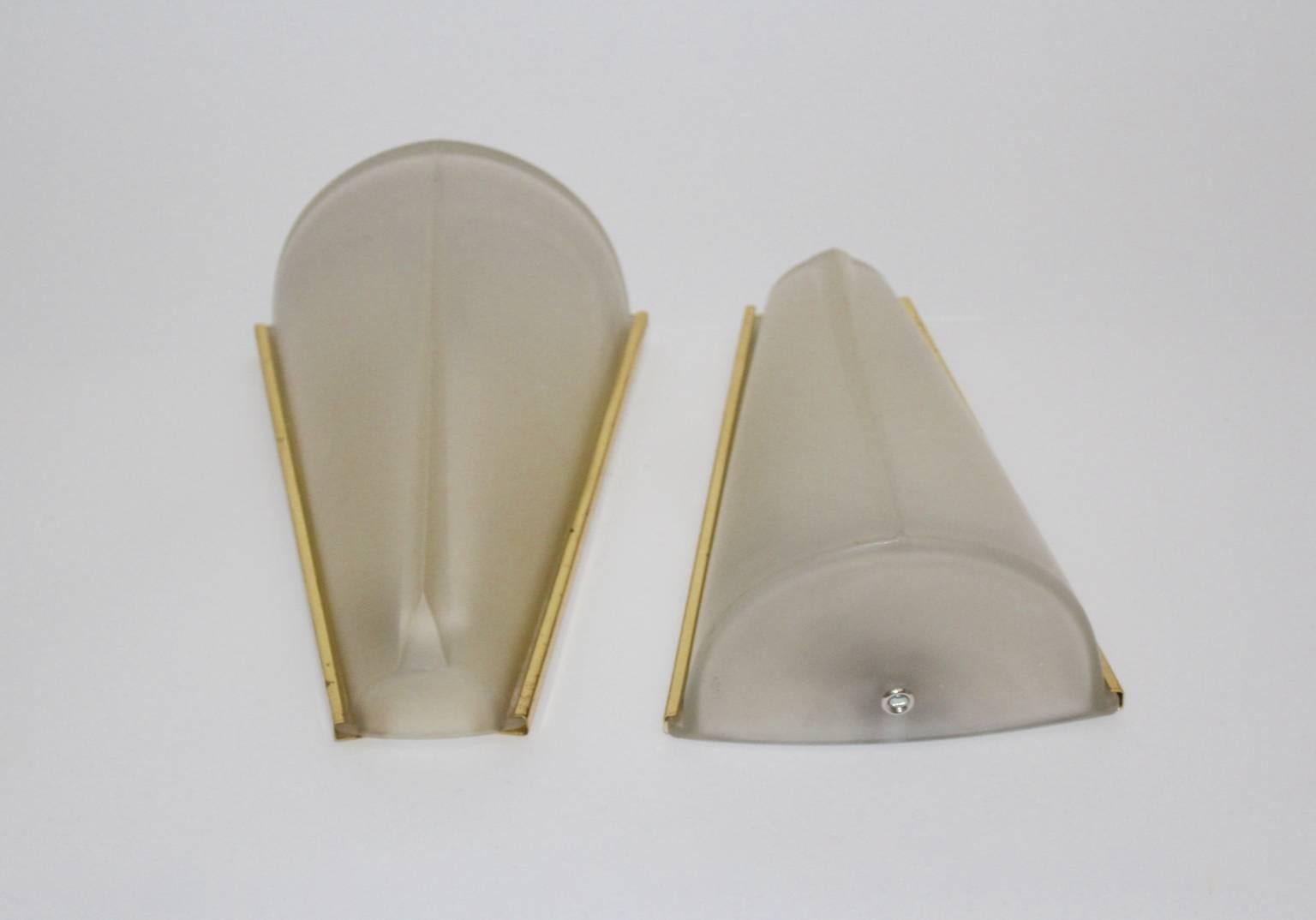 Etched Mid-Century Modern Vintage Gold Glass German Wall Lights, 1960s