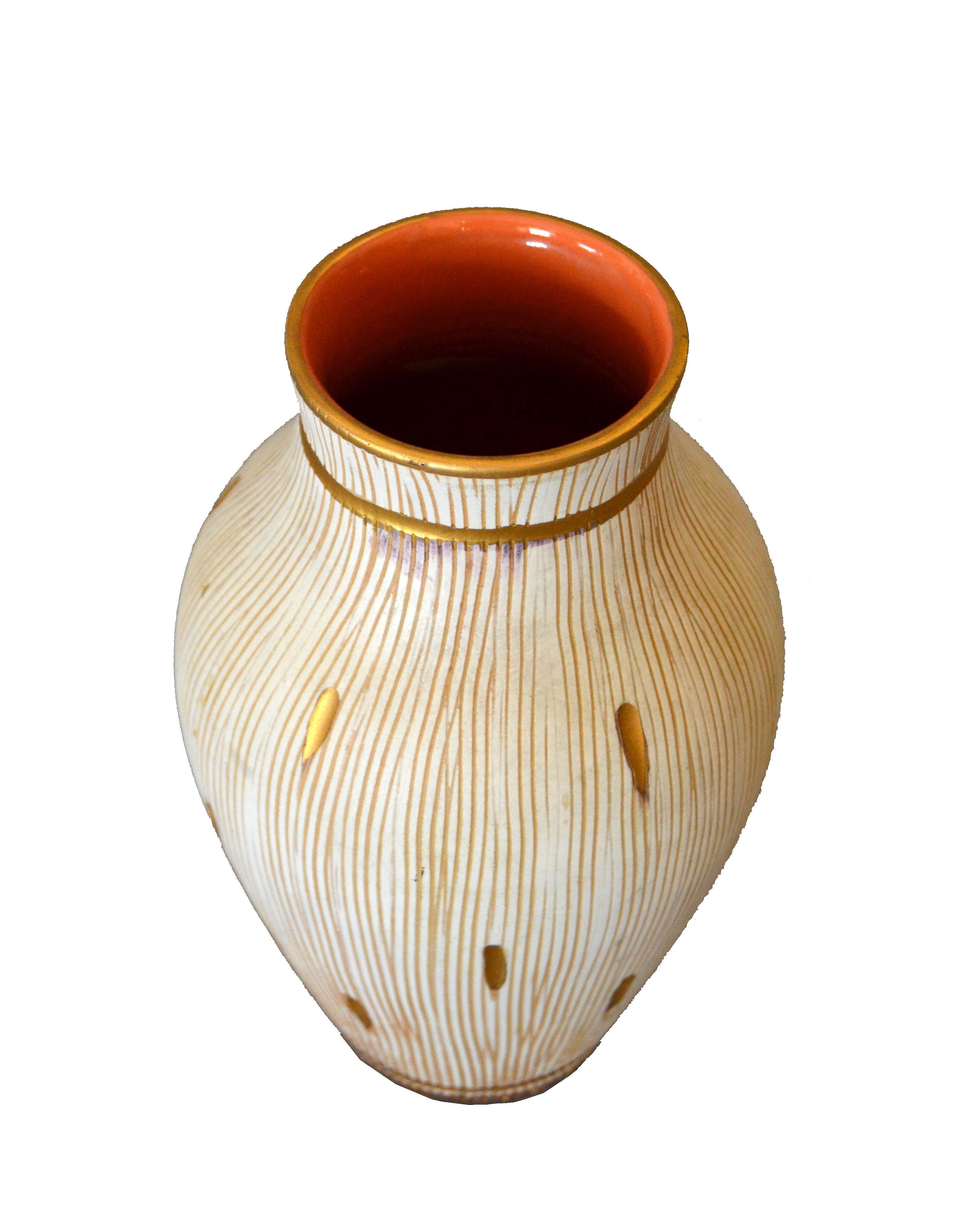 20th Century Mid-Century Modern Gold Leaf & Beige Hand Crafted Italian Ceramic Glazed Vase