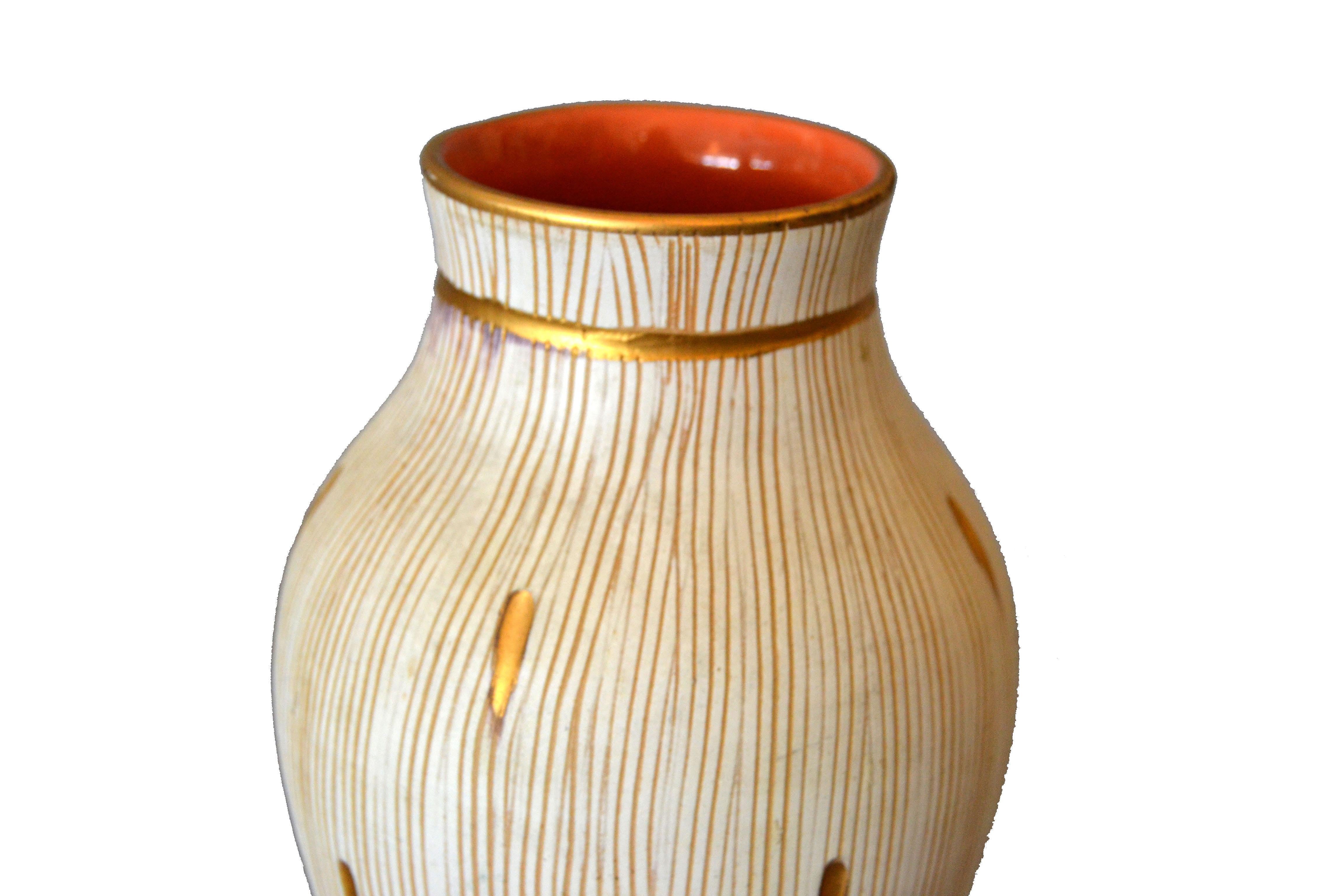 Mid-Century Modern Gold Leaf & Beige Hand Crafted Italian Ceramic Glazed Vase 1