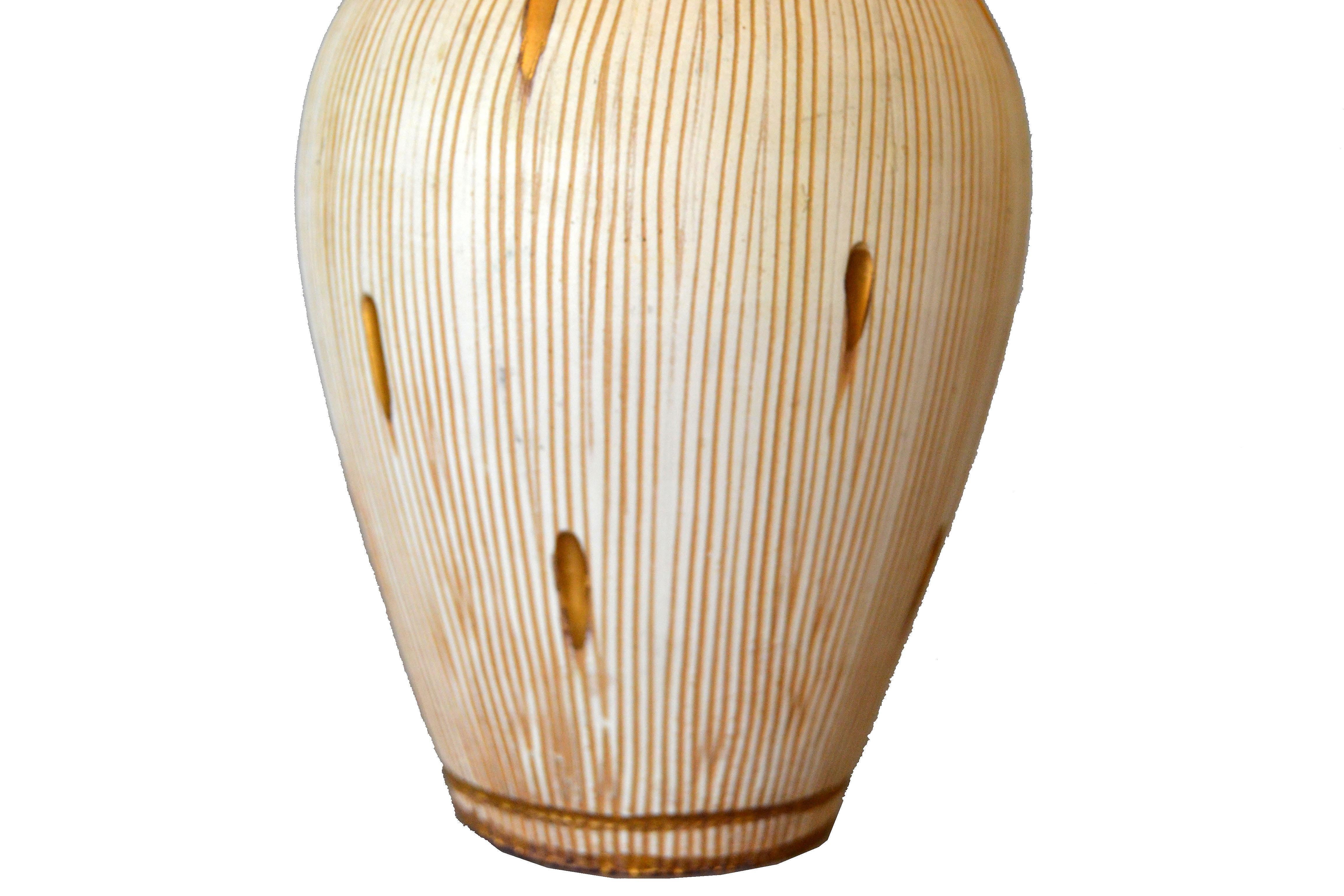 Mid-Century Modern Gold Leaf & Beige Hand Crafted Italian Ceramic Glazed Vase 2