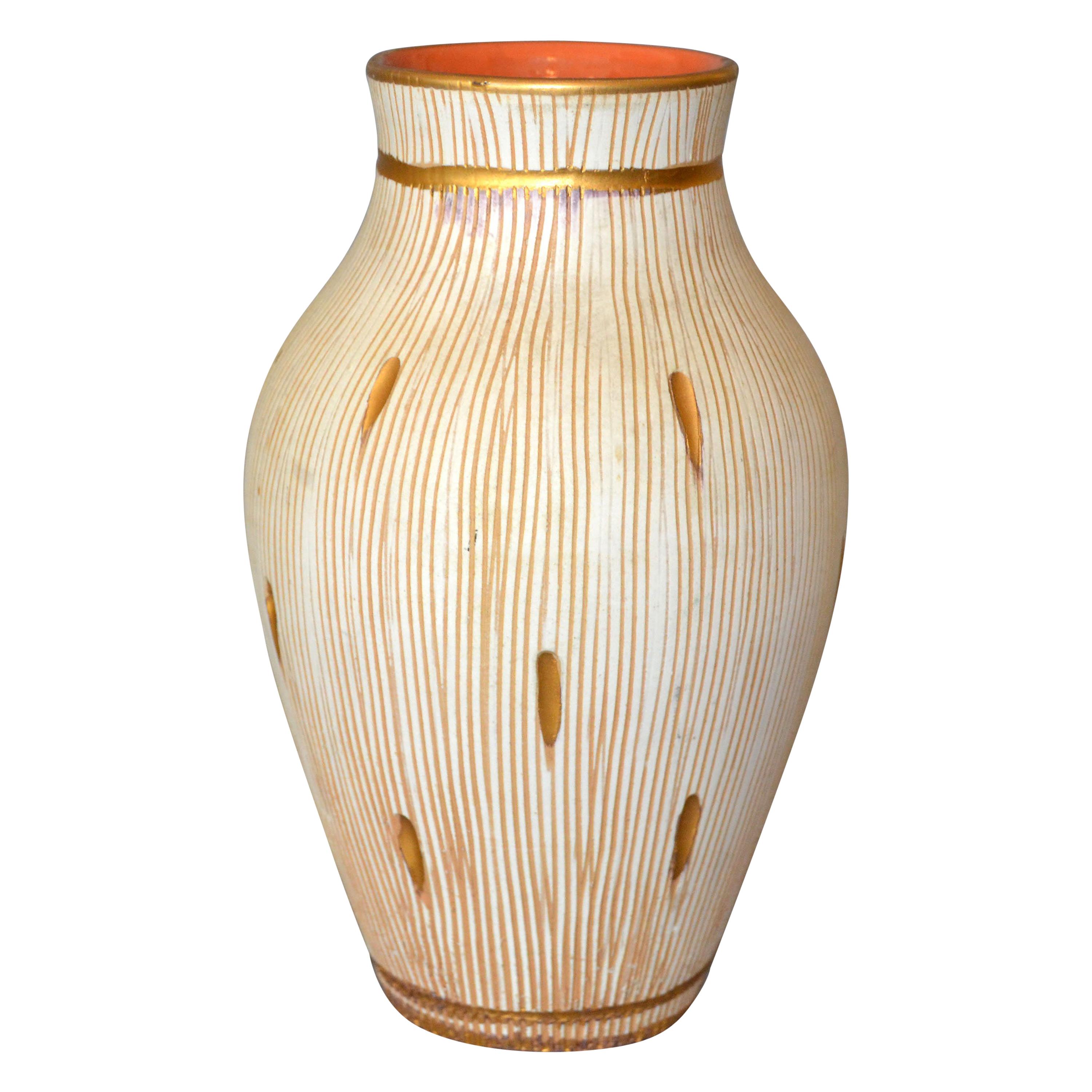 Mid-Century Modern Gold Leaf & Beige Hand Crafted Italian Ceramic Glazed Vase