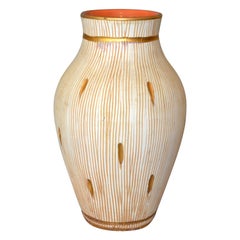 Mid-Century Modern Gold Leaf & Beige Hand Crafted Italian Ceramic Glazed Vase