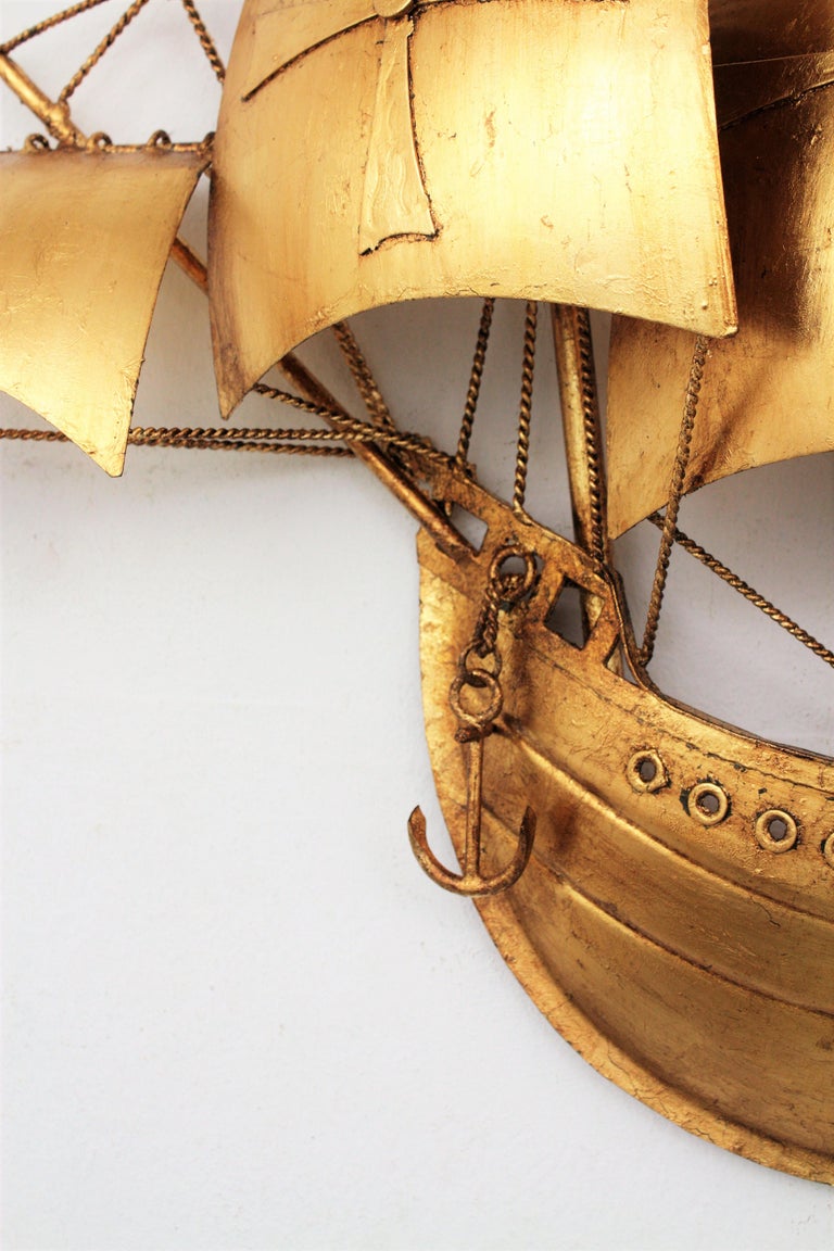 MidCentury Modern Gold Leaf Gilt Iron Spanish Galleon Wall Light For