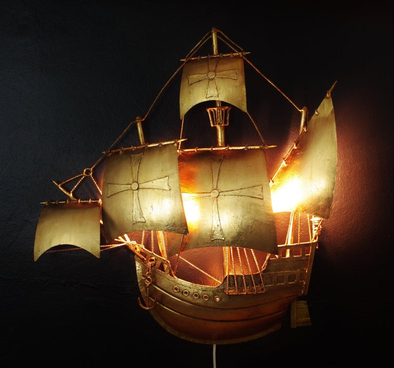 MidCentury Modern Gold Leaf Gilt Iron Spanish Galleon Wall Light For