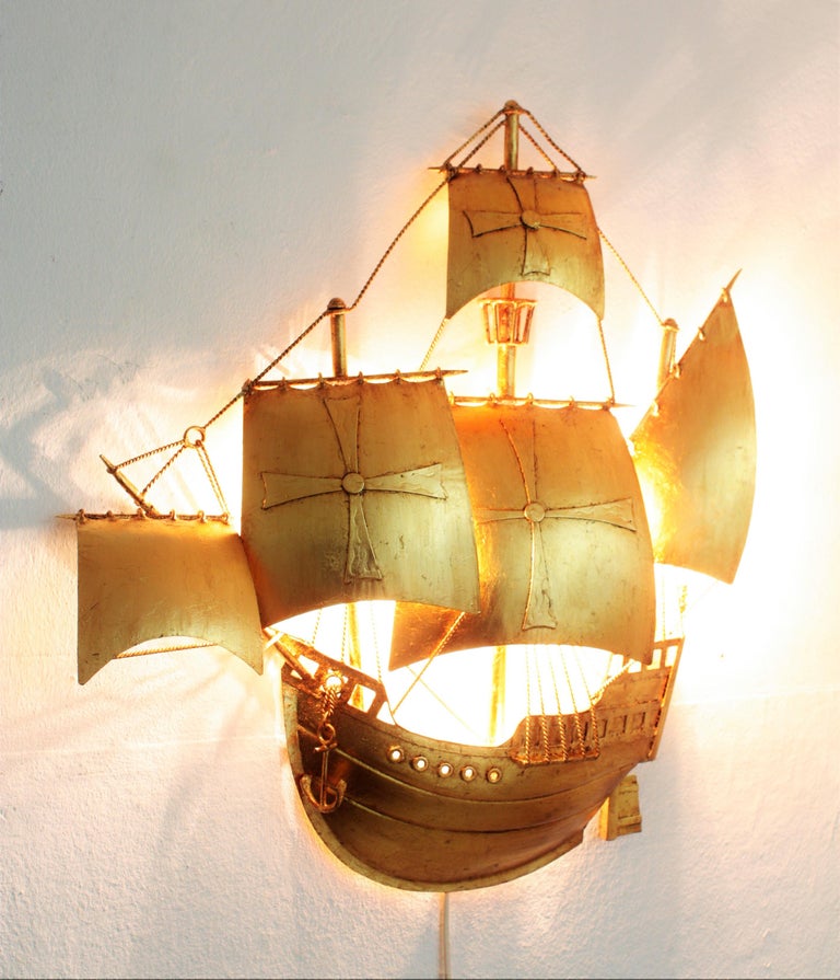 MidCentury Modern Gold Leaf Gilt Iron Spanish Galleon Wall Light For