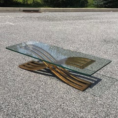 Mid-Century Modern Gold Leaf Slatted Woven Steel X Base Glass Coffee Table
