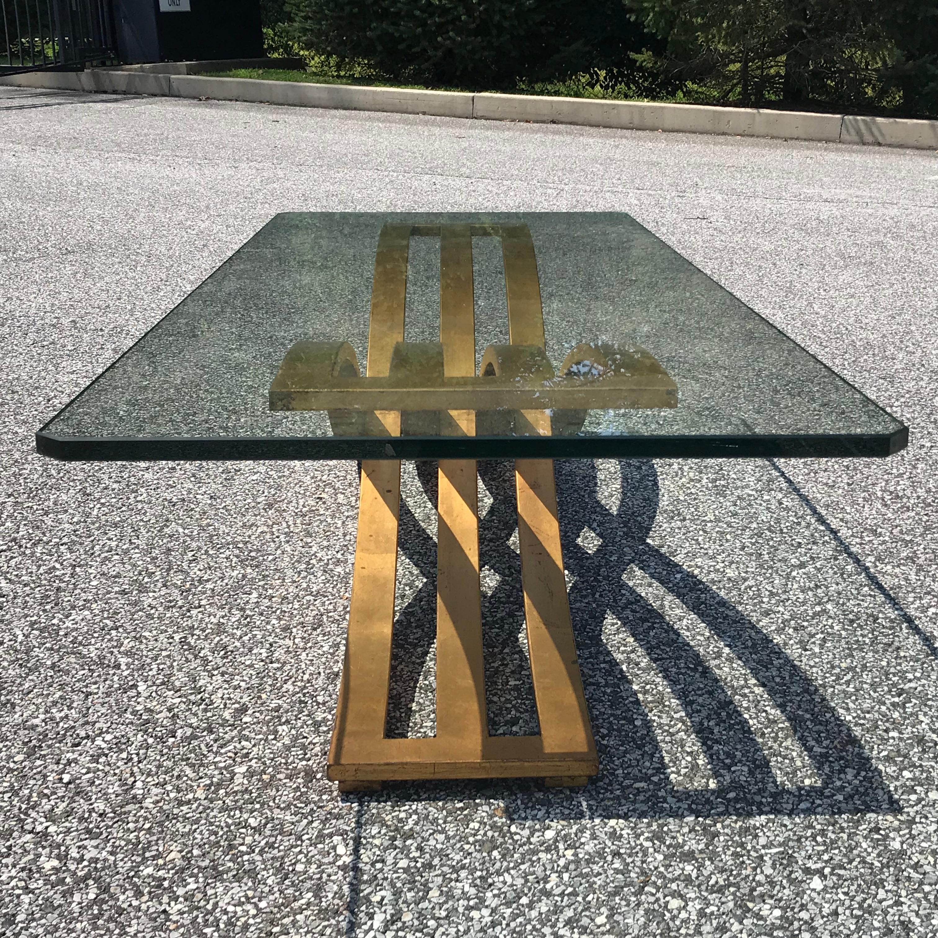 Unknown Mid-Century Modern Gold Leaf Slatted Woven Steel X Base Glass Coffee Table