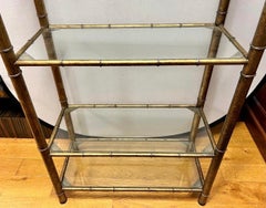 Mid-Century Modern Gold Metal Faux Bamboo and Glass Shelf Etegere