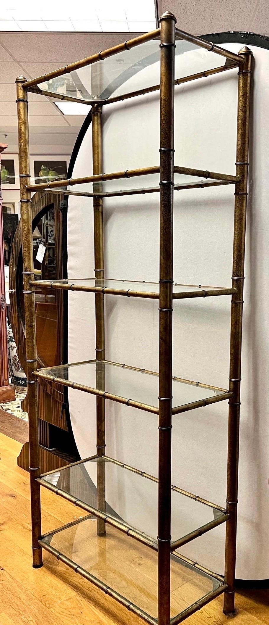 American Mid-Century Modern Gold Metal Faux Bamboo and Glass Shelf Etegere