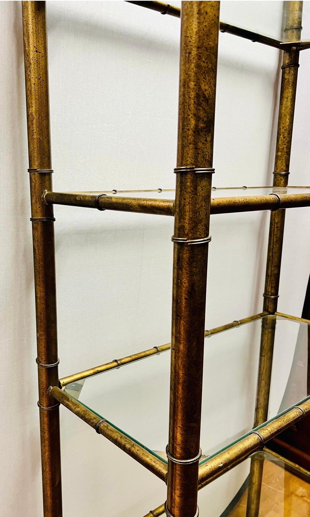 Mid-Century Modern Gold Metal Faux Bamboo and Glass Shelf Etegere In Good Condition In West Hartford, CT
