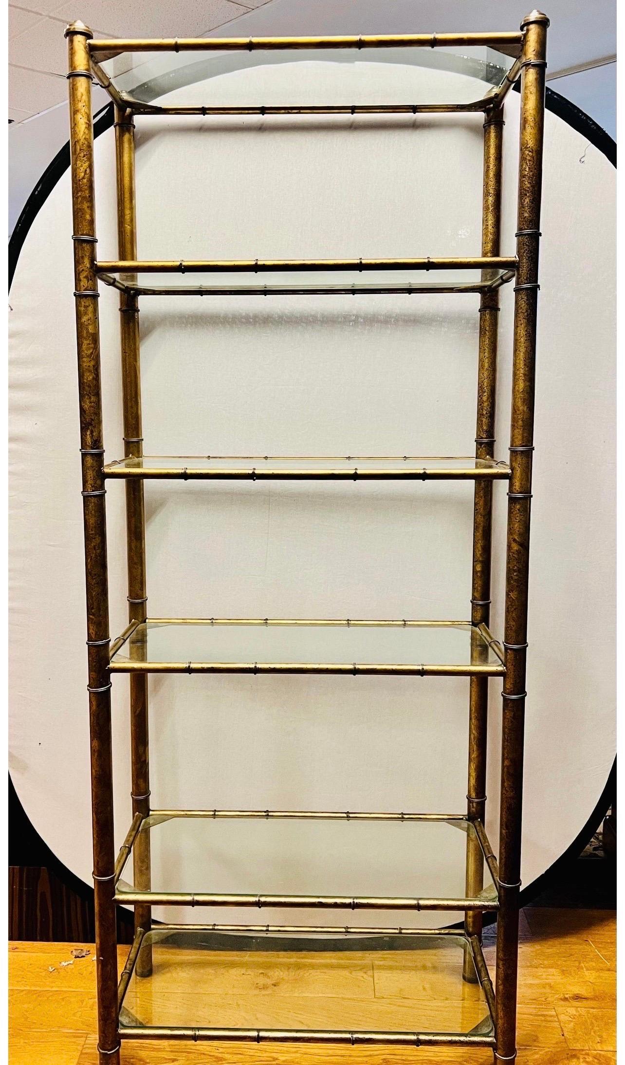 Late 20th Century Mid-Century Modern Gold Metal Faux Bamboo and Glass Shelf Etegere