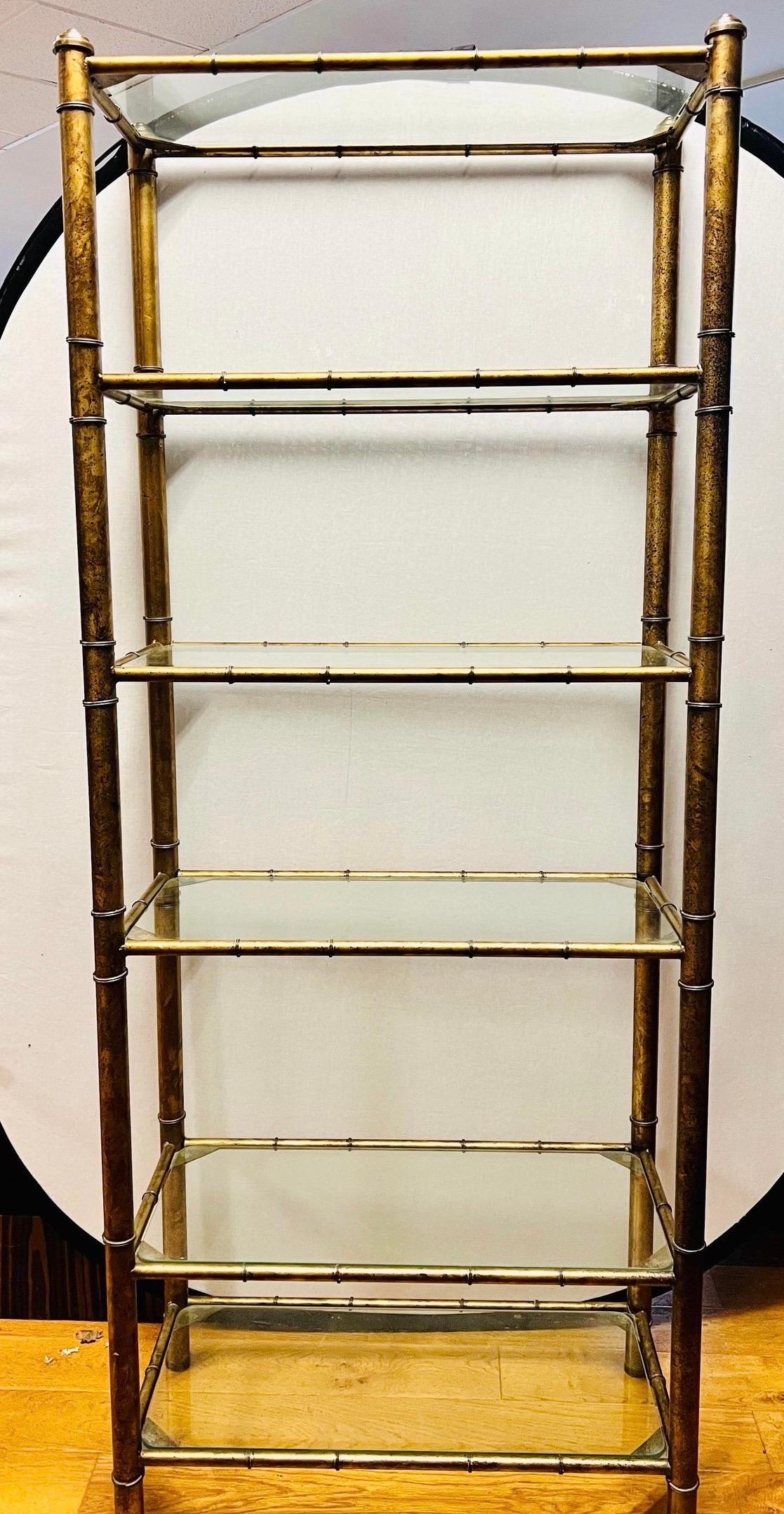 Mid-Century Modern Gold Metal Faux Bamboo and Glass Shelf Etegere 1