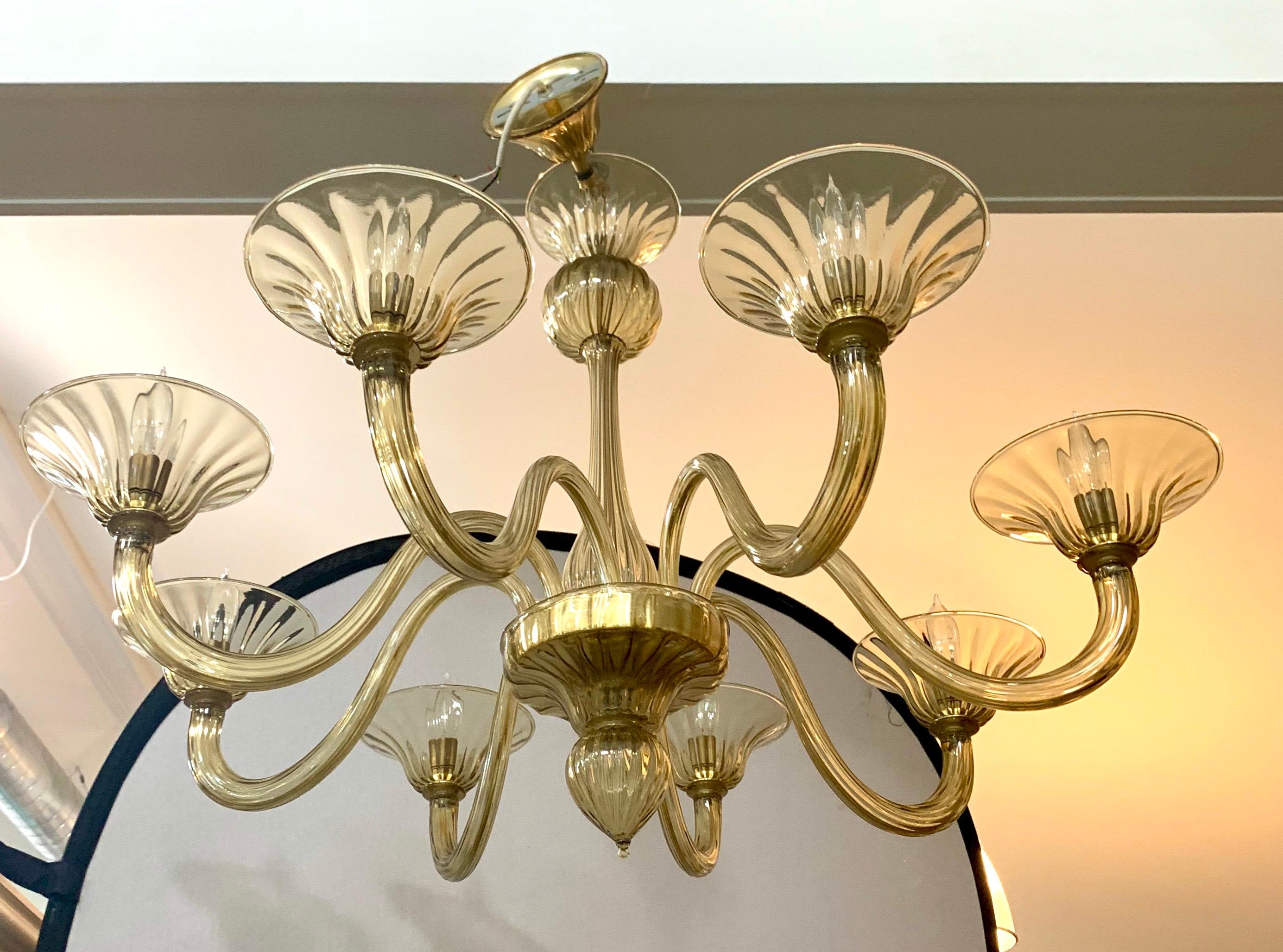 Stunning eight arm Murano glass chandelier done in gold tones. Made in Italy but wired for
USA and in perfect working order. Now, more than ever, home is where the heart is.
