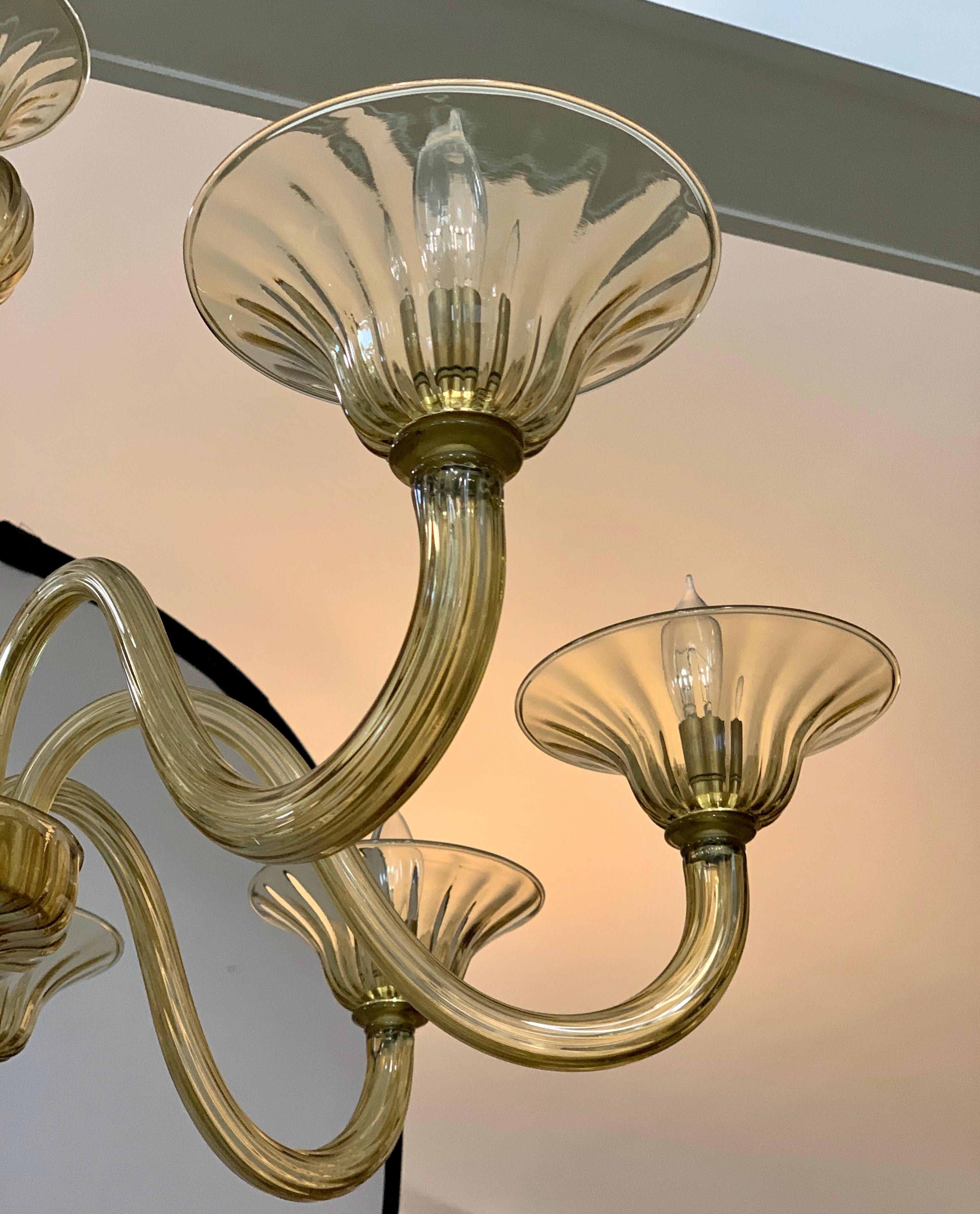 Late 20th Century Mid-Century Modern Gold Murano Glass Eight Arm Italian Chandelier Made in Italy