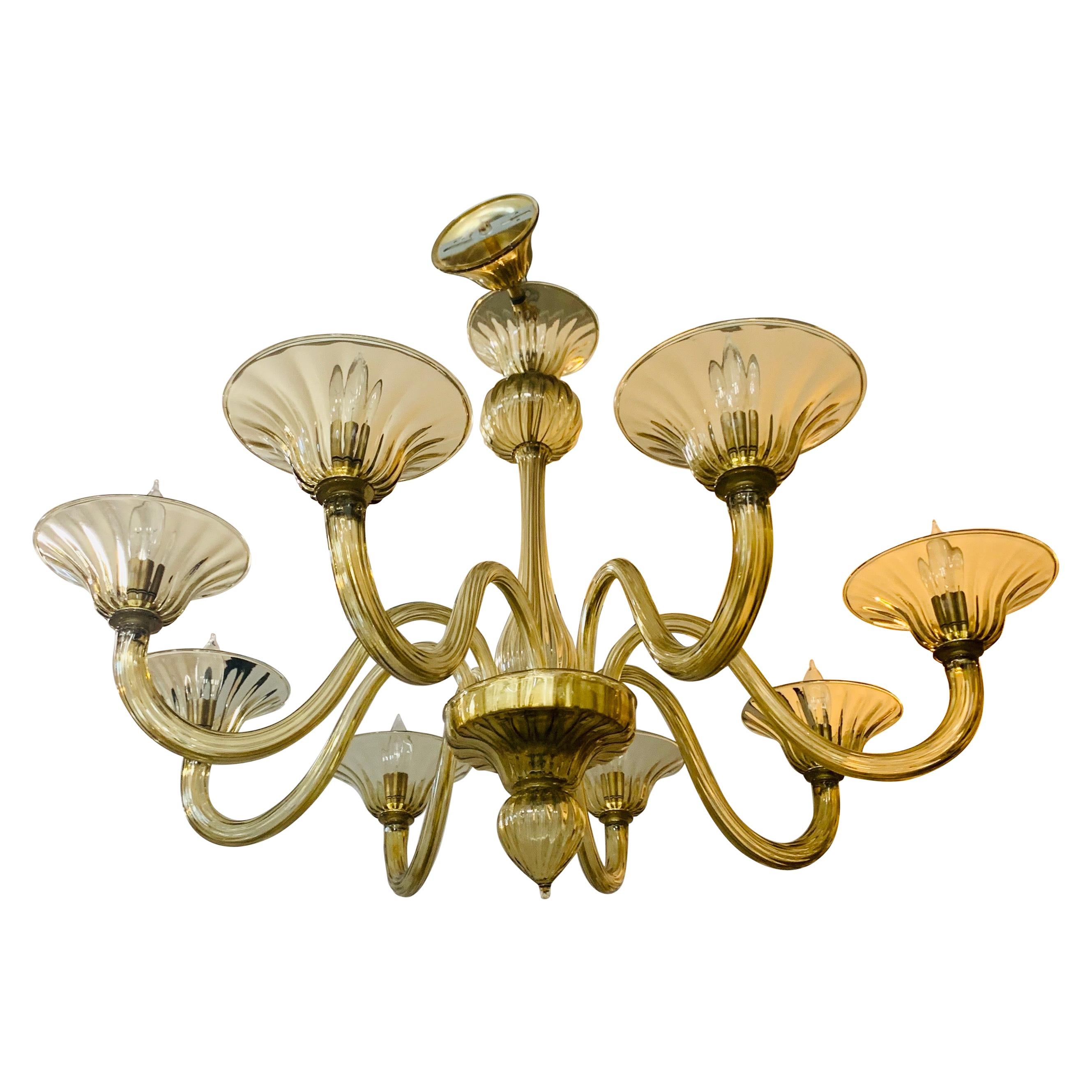 Mid-Century Modern Gold Murano Glass Eight Arm Italian Chandelier Made in Italy