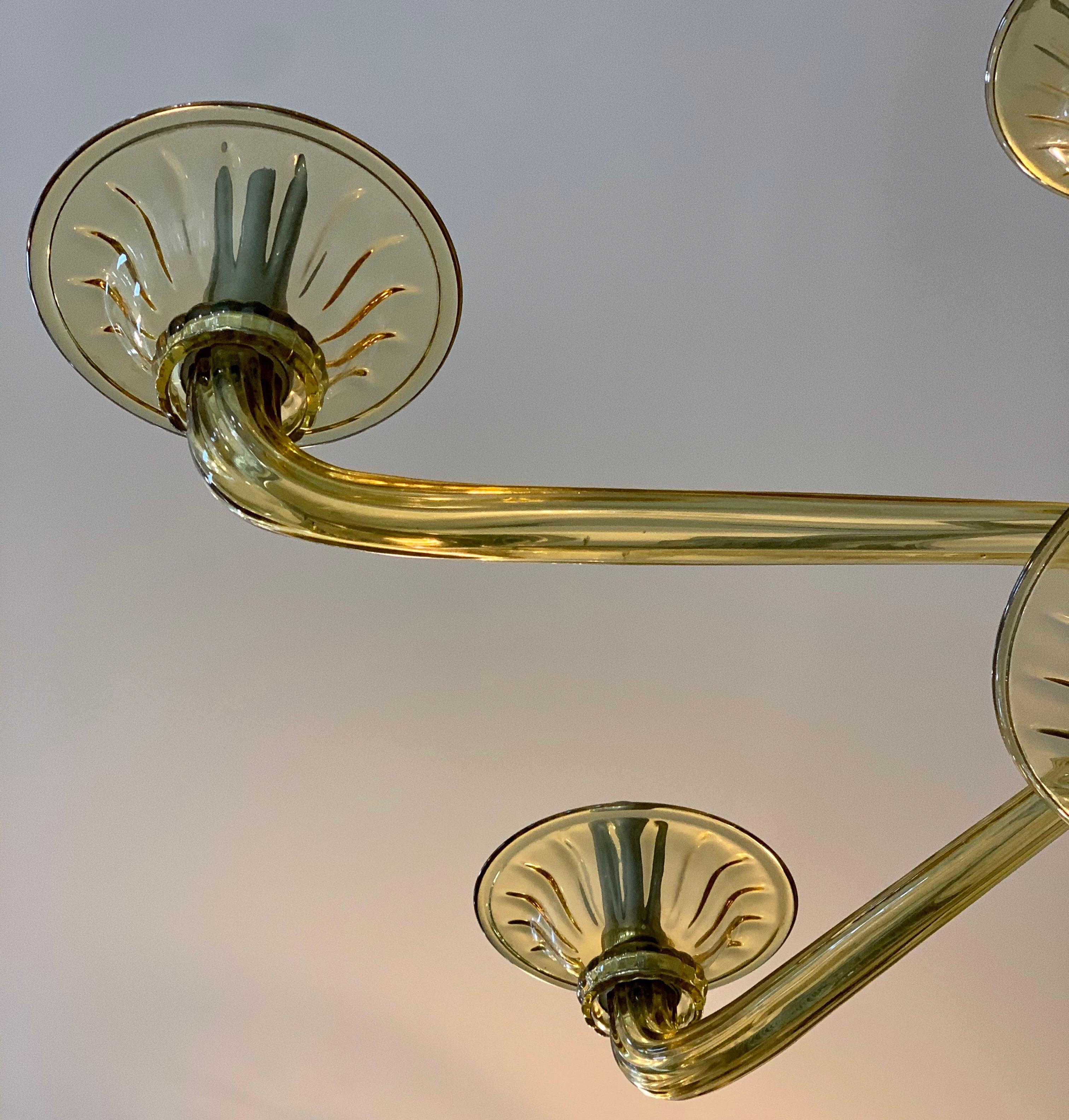 Italian Mid-Century Modern Gold Murano Glass Five-Arm Chandelier Made in Italy