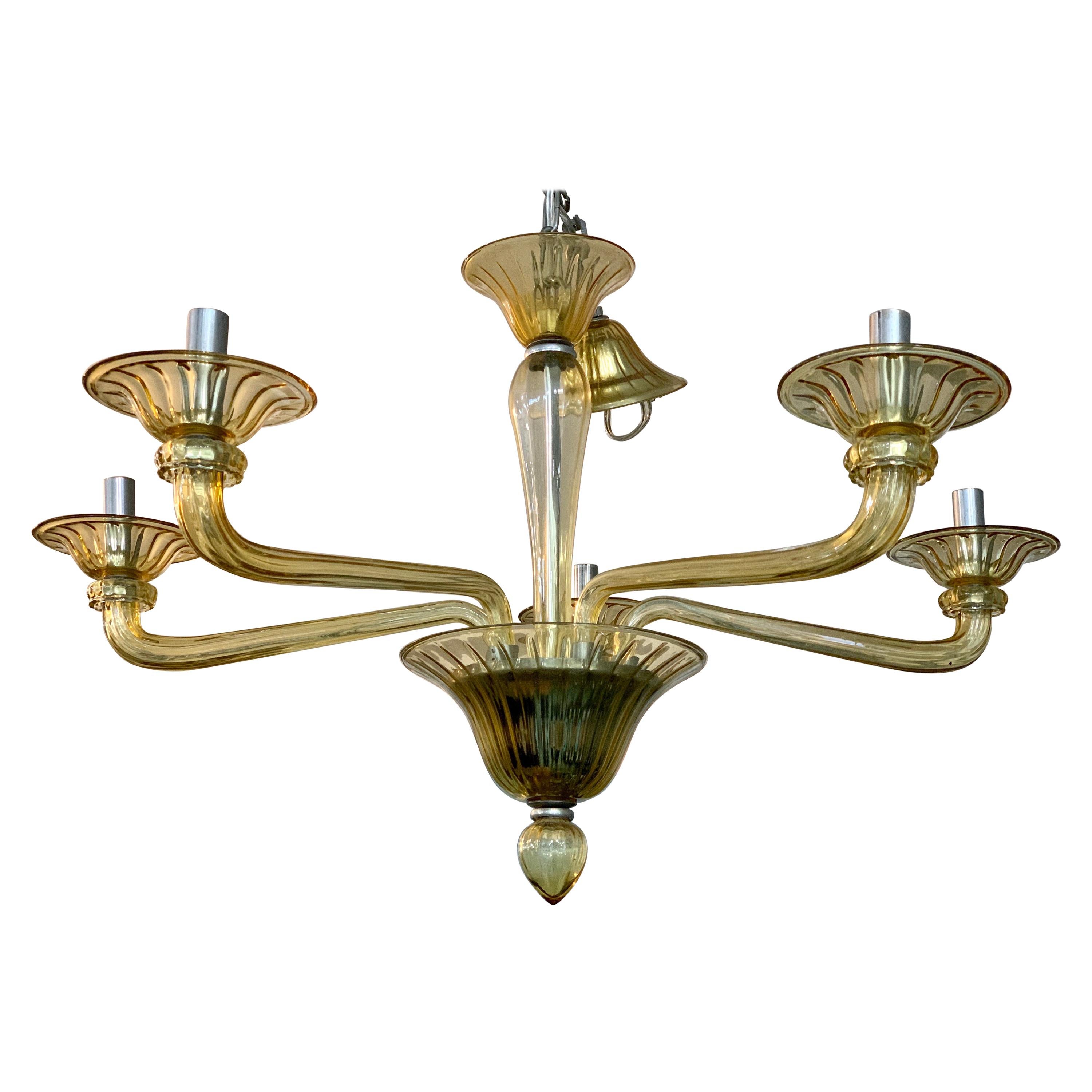 Mid-Century Modern Gold Murano Glass Five-Arm Chandelier Made in Italy