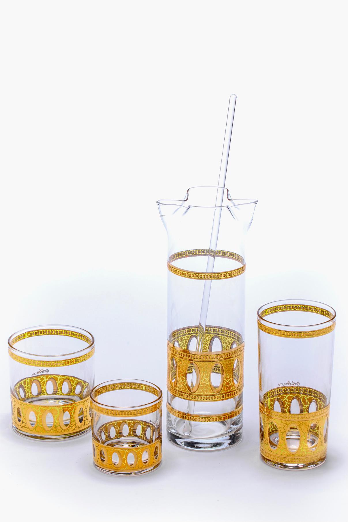 Ensemble de verres et mélangeur de bar moderne du milieu du siècle dernier, en plaqué or, Culver, vers 1965 en vente 5